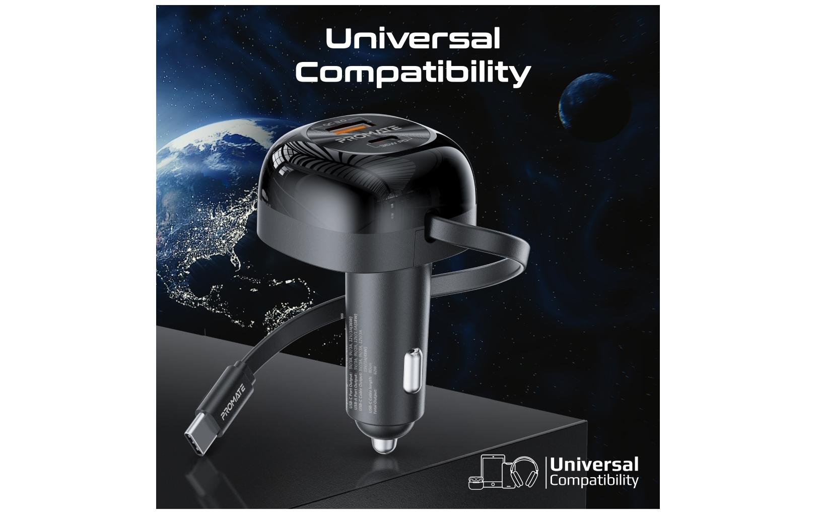Promate PowerDrive-RC65 Auto-Ladegerät 62 W – USB-C×1, USB-A×1 – PD, QC 3.0 – 12 V KFZ-Stecker