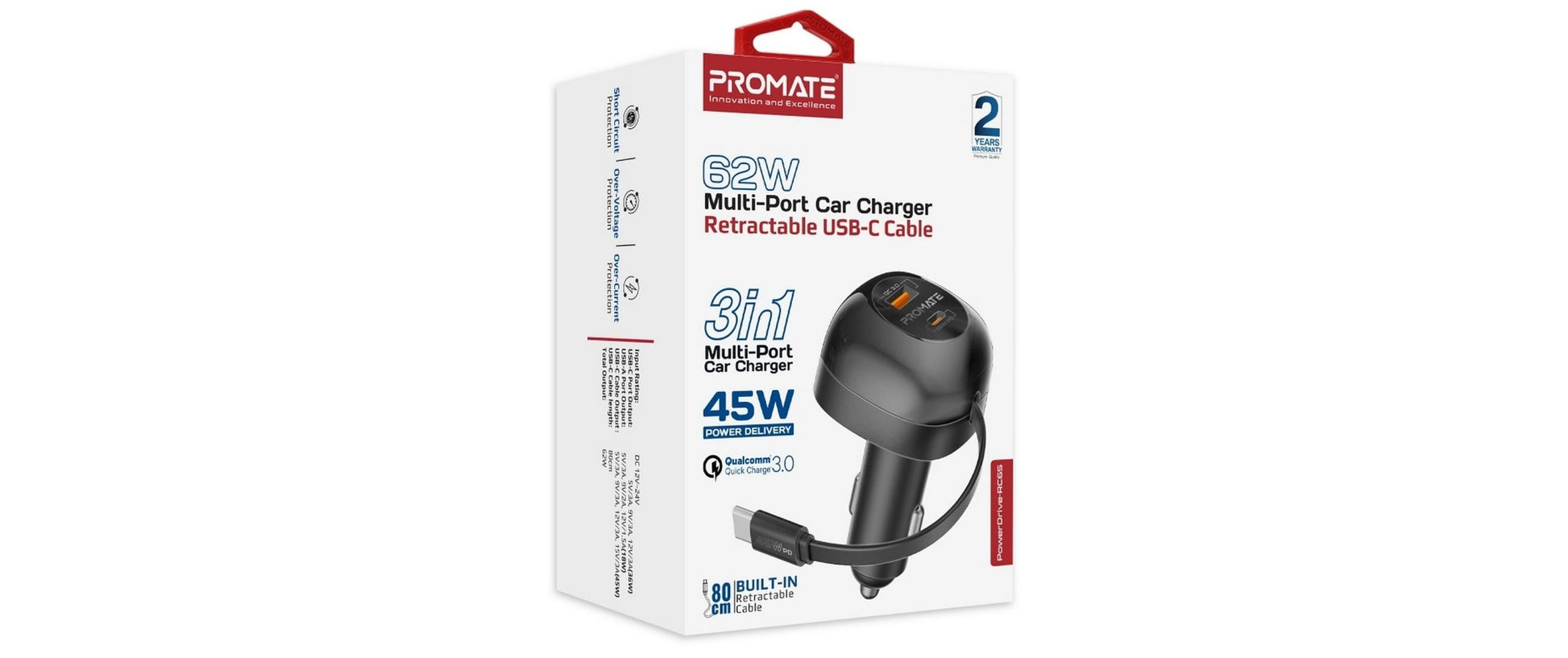 Promate PowerDrive-RC65 Auto-Ladegerät 62 W – USB-C×1, USB-A×1 – PD, QC 3.0 – 12 V KFZ-Stecker