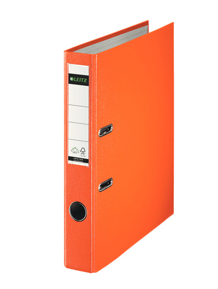 Leitz Ordner – A4 hoch – 2-Ring Hebelmechanik, Rücken 52 mm – orange, mit Niederhalter, mit Griffloch, FSC