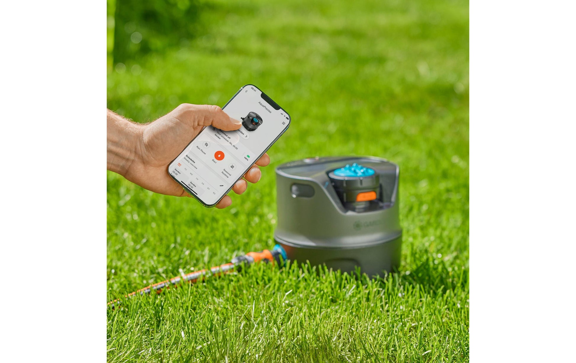 Gardena AquaPrecise – Kreisförmiger Sprinkler, Sprühbereich 2,5–10 m, Flächenabdeckung 320 m², Schwarz/Grün