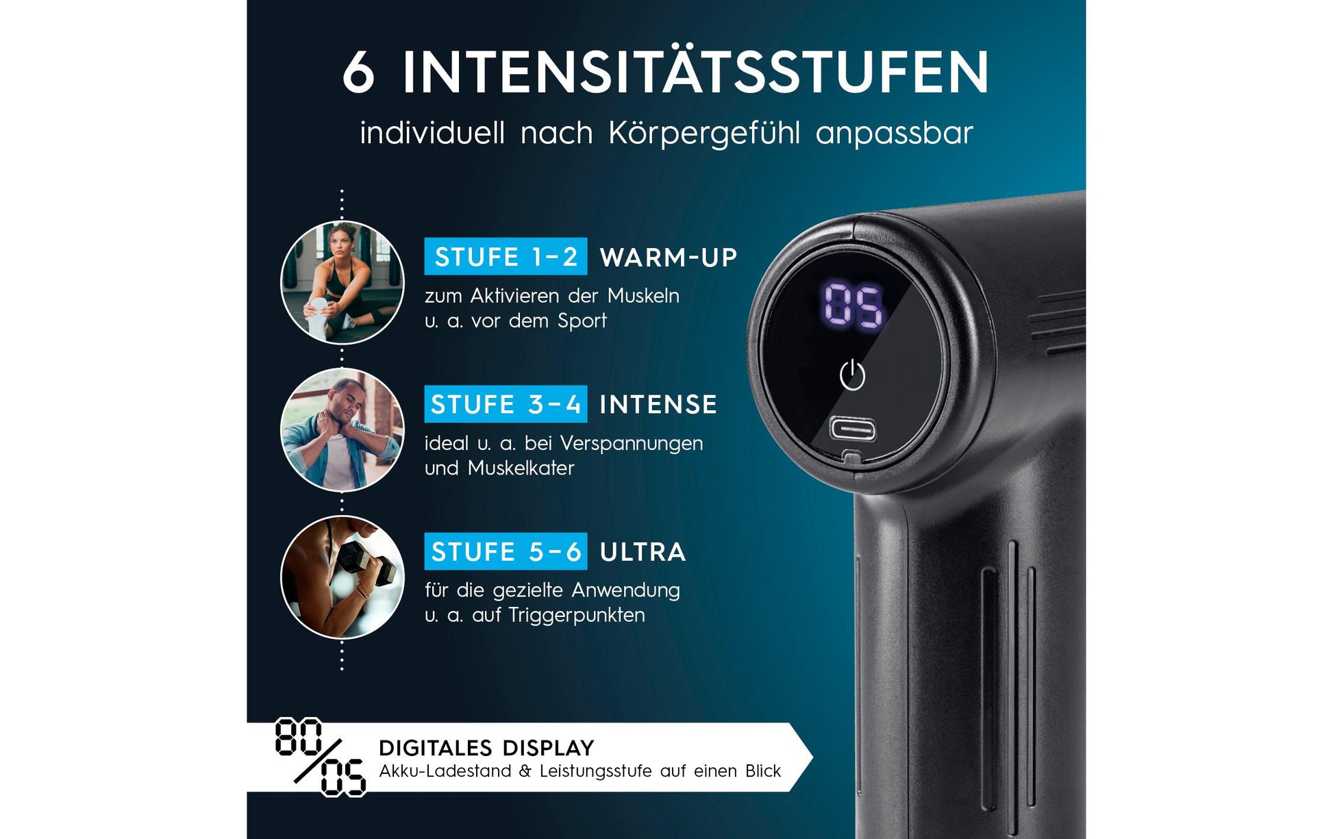 VITALmaxx Mini-Massagepistole – ABS, Schwarz, 120 × 40 × 150 mm (B×H×T), Akkubetrieb, 6 Geschwindigkeiten