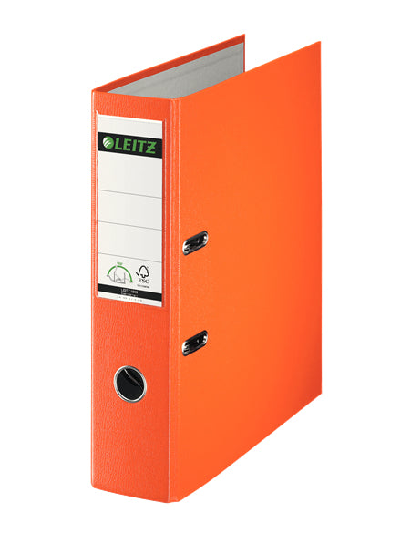 Leitz Ordner – A4 hoch – 2-Ring Hebelmechanik, Rücken 80 mm – orange, Karton, mit Niederhalter, FSC