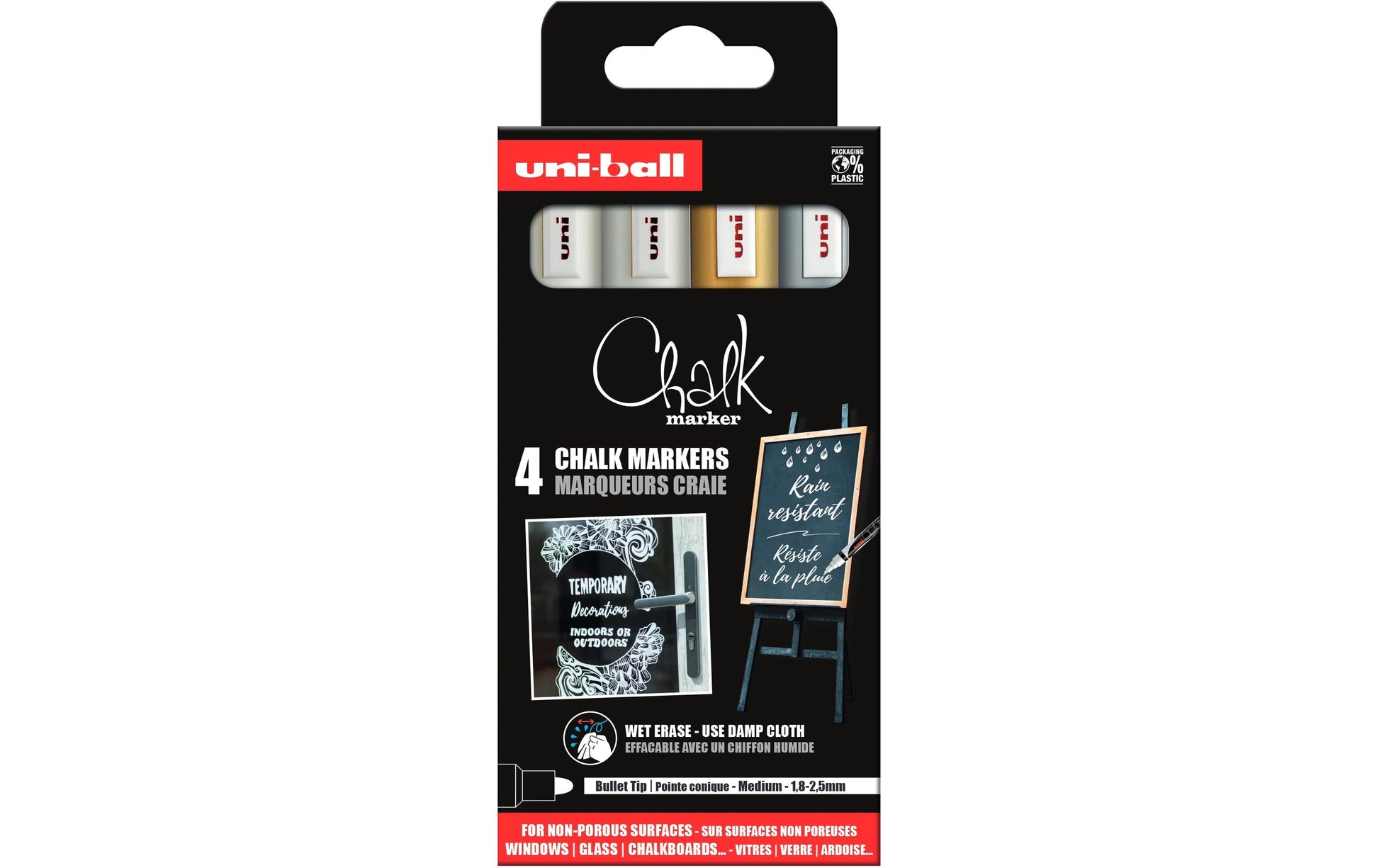 Uni-Ball Uni PWE-5.M Kreidemarker – Rund 1,8–2,5 mm – 4er-Set, Weiss/Gold/Silber