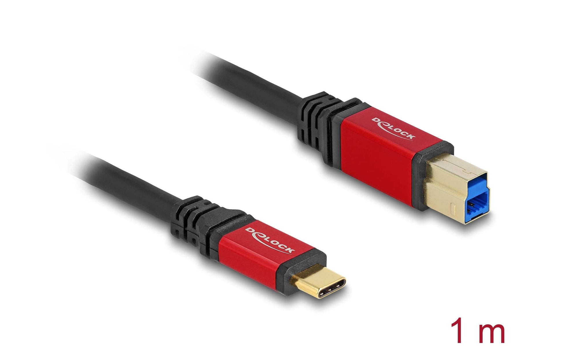 DeLOCK USB-C auf USB-B Kabel – USB 3.2 Gen 1 (5 Gbit/s) – 1 m – Goldkontakte – Schwarz/Rot