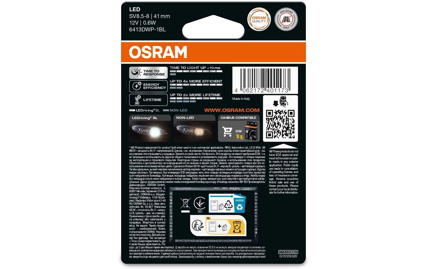 Osram Leuchtmittel C5W SV8.5-8 41 mm – Kaltweiss 6000 K, 45 lm, 0,8 W – 1 Stk.