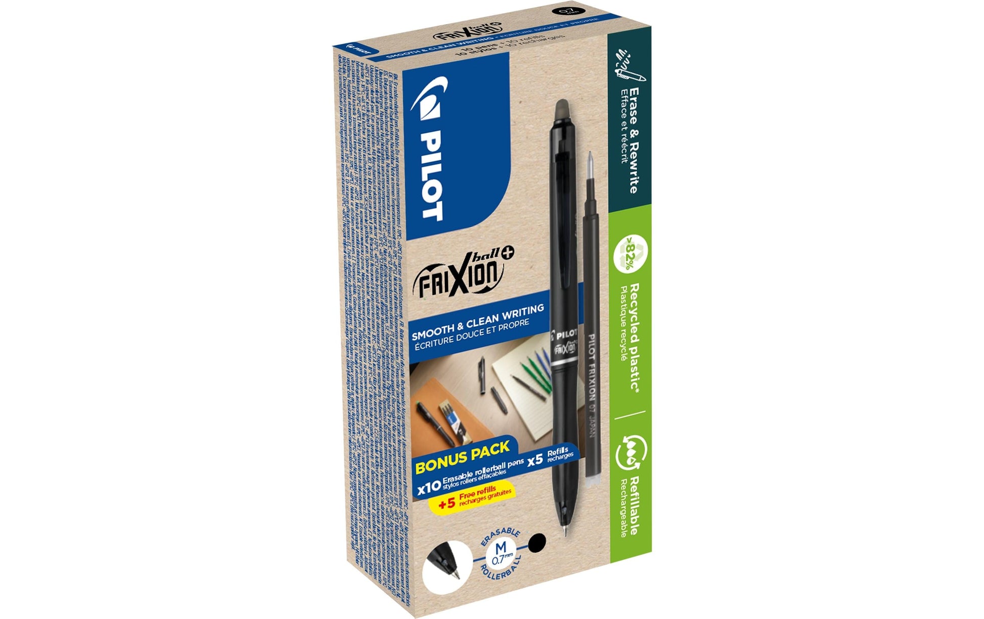 Pilot FriXion Ball+ – Radierbarer Tintenroller mit Kappe, 0,7 mm, Schwarz, 15er Pack