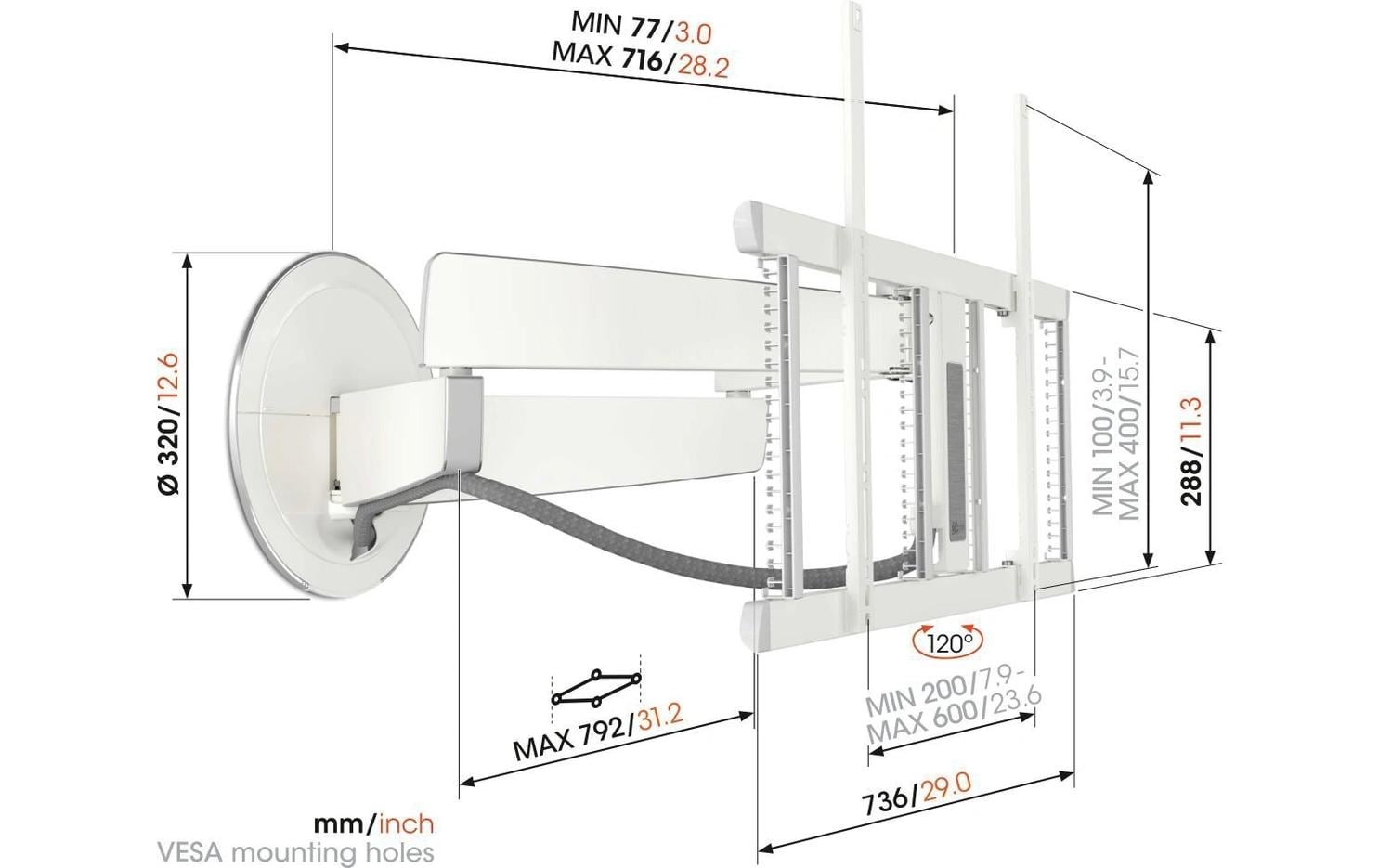 Vogel's 6VO TVM 7655W – Wandhalterung, motorisiert, drehbar, für 40–77", VESA 200×100–600×400, bis 35 kg, weiss