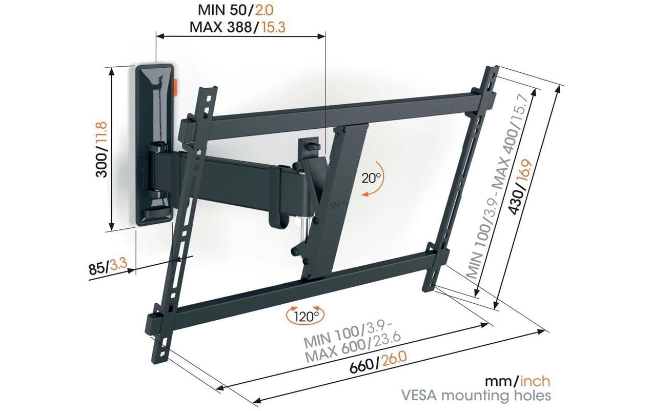 Vogel's Vogels 6VO TVM 3625B – Wandhalterung, schwenkbar, für 48", VESA 500×400, bis 35 kg, schwarz