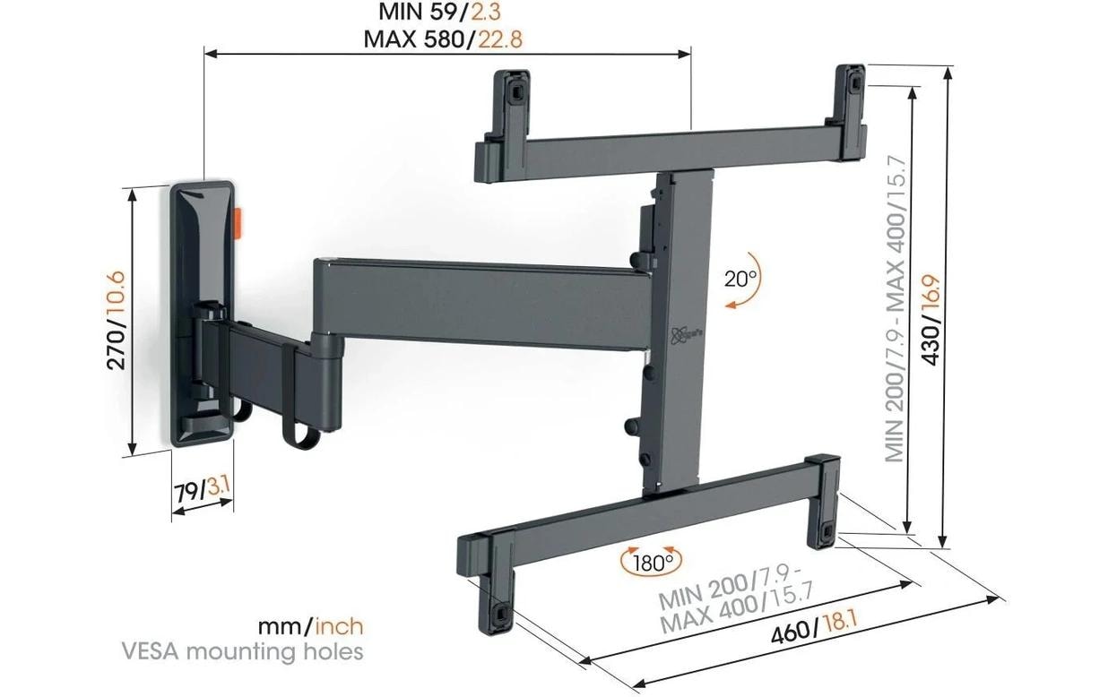Vogel's 6VO TVM 3465B – Wandhalterung, schwenkbar, für 32–65", VESA 400×400, bis 25 kg, schwarz