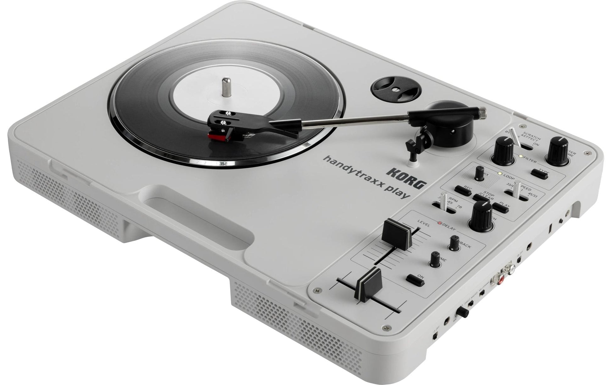 Korg handytraxx play – Plattenspieler – Portabel – mit Lautsprecher, Riemenantrieb, Phono-Preamp – Silber