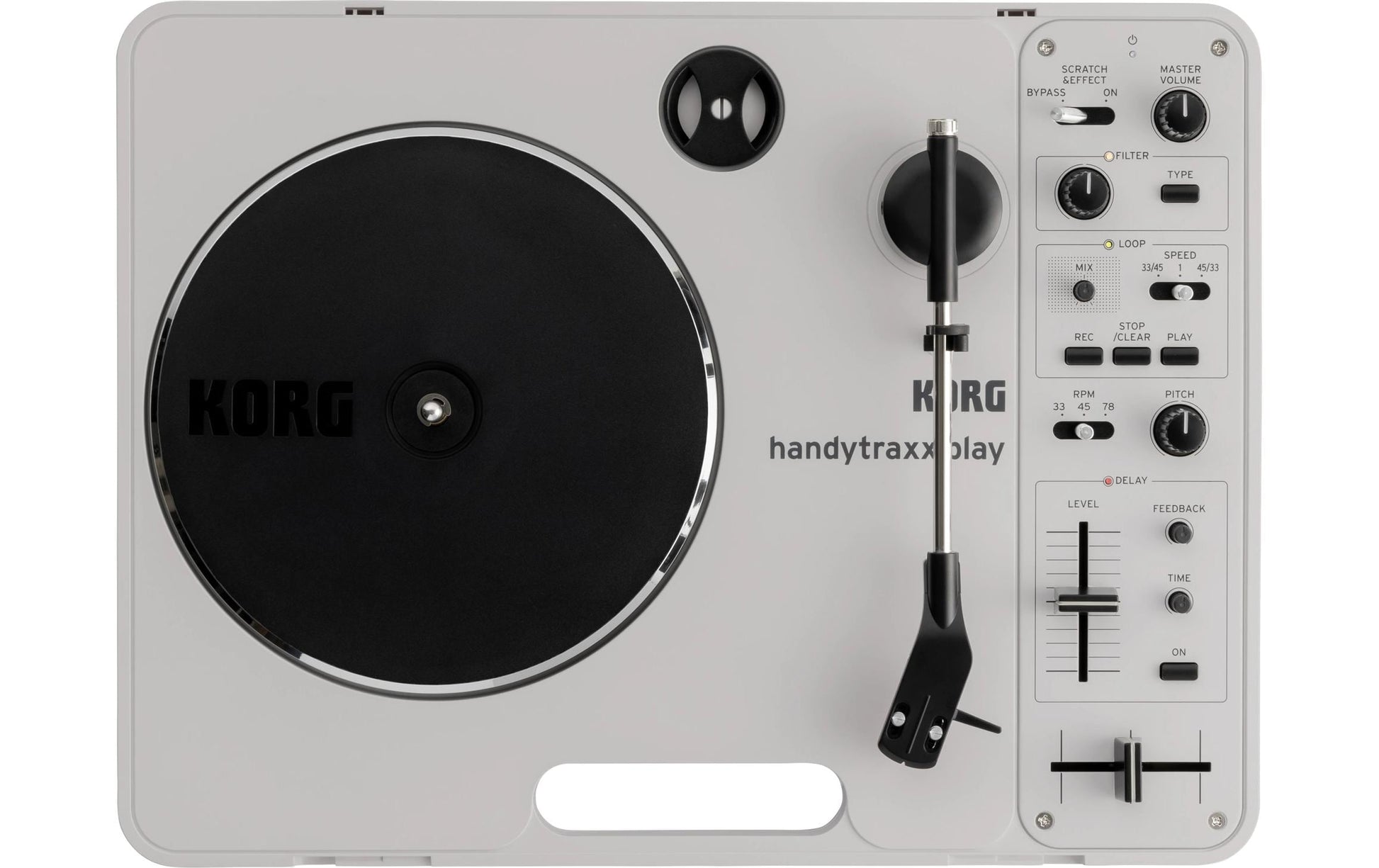 Korg handytraxx play – Plattenspieler – Portabel – mit Lautsprecher, Riemenantrieb, Phono-Preamp – Silber