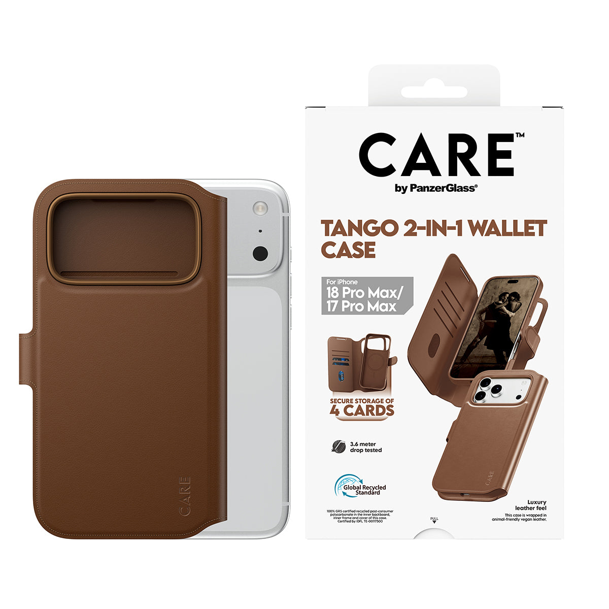 PanzerGlass CARE Tango Wallethülle – für Apple iPhone 18 Pro Max / iPhone 17 Pro Max, MagSafe, PC, Braun