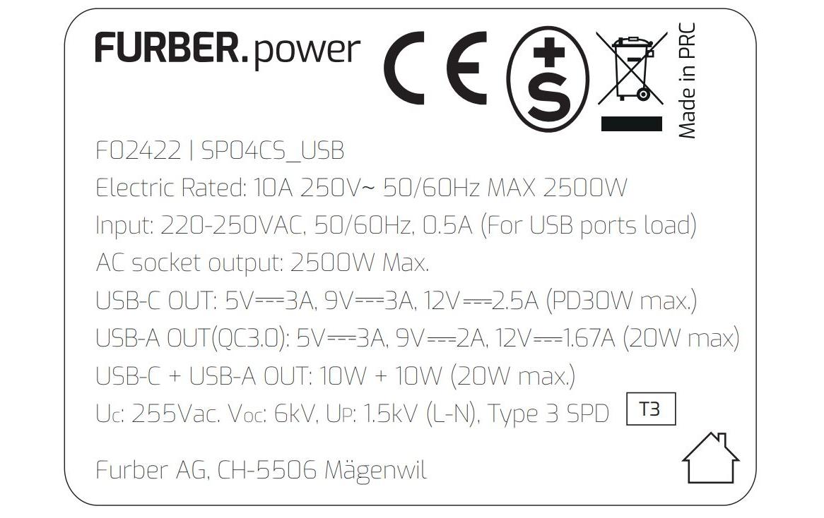 furber. F.power Steckdosenleiste – 4× T13, USB‑A, 1,5 m, mit Schalter, Weiss