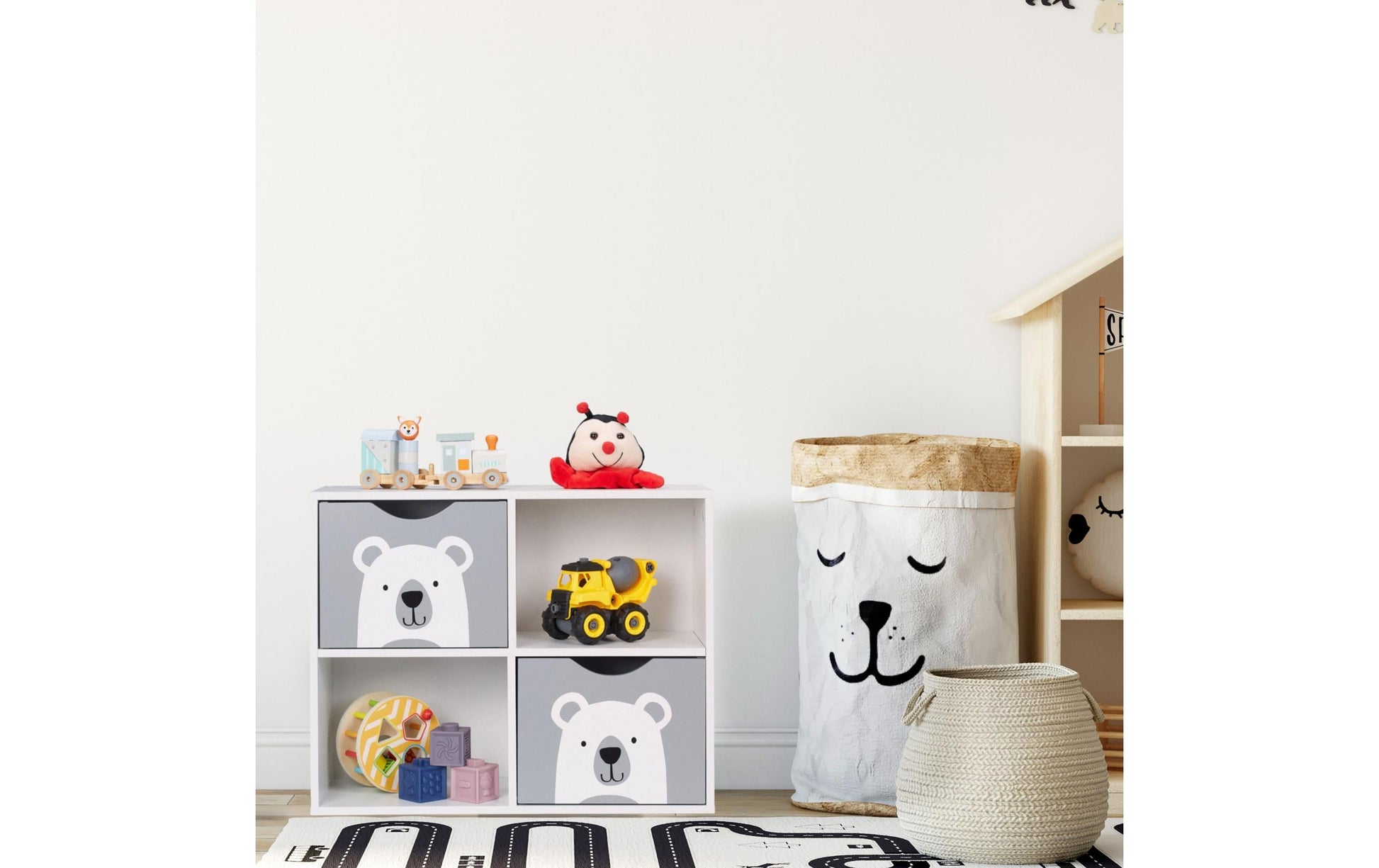 Relaxdays Freistehendes Büro-/Lagerregal, Kinderregal Bär – 4 Böden – 60 × 24,5 × 48 cm – Grau/Weiss – MDF