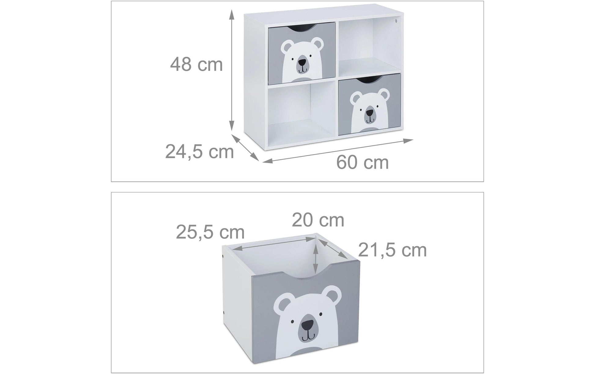 Relaxdays Freistehendes Büro-/Lagerregal, Kinderregal Bär – 4 Böden – 60 × 24,5 × 48 cm – Grau/Weiss – MDF