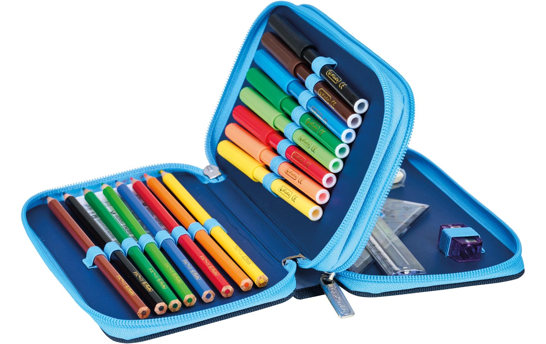 Herlitz Cosmic Explorer – Schüleretui, 2 Klappen, gefüllt (23-teilig), Blau, Polyester, 19,3 × 11,5 × 5 cm