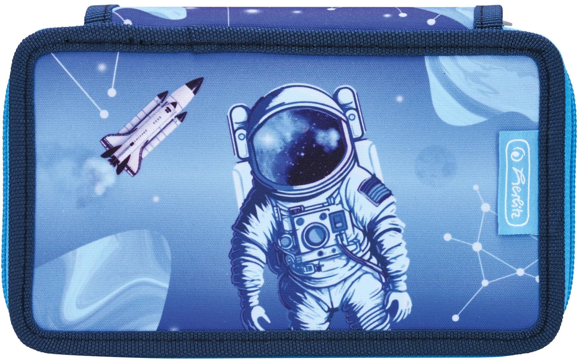 Herlitz Cosmic Explorer – Schüleretui, 2 Klappen, gefüllt (23-teilig), Blau, Polyester, 19,3 × 11,5 × 5 cm