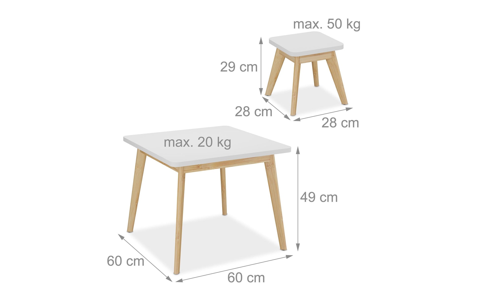Relaxdays Sitzgarnitur-Set – B 60 × T 60 × H 49 cm – MDF, Bambus, Weiss, Natur – für Kinder