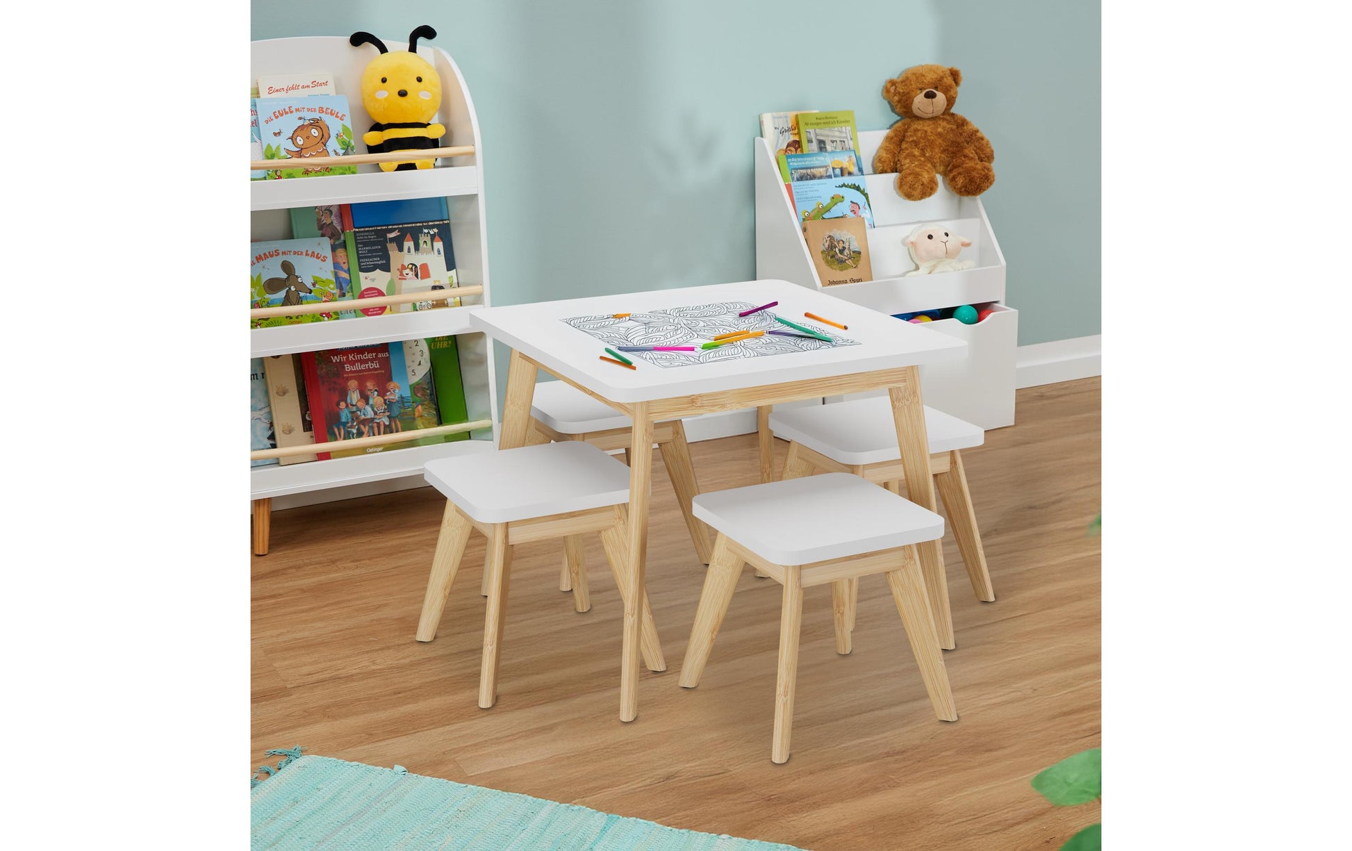 Relaxdays Sitzgarnitur-Set – B 60 × T 60 × H 49 cm – MDF, Bambus, Weiss, Natur – für Kinder