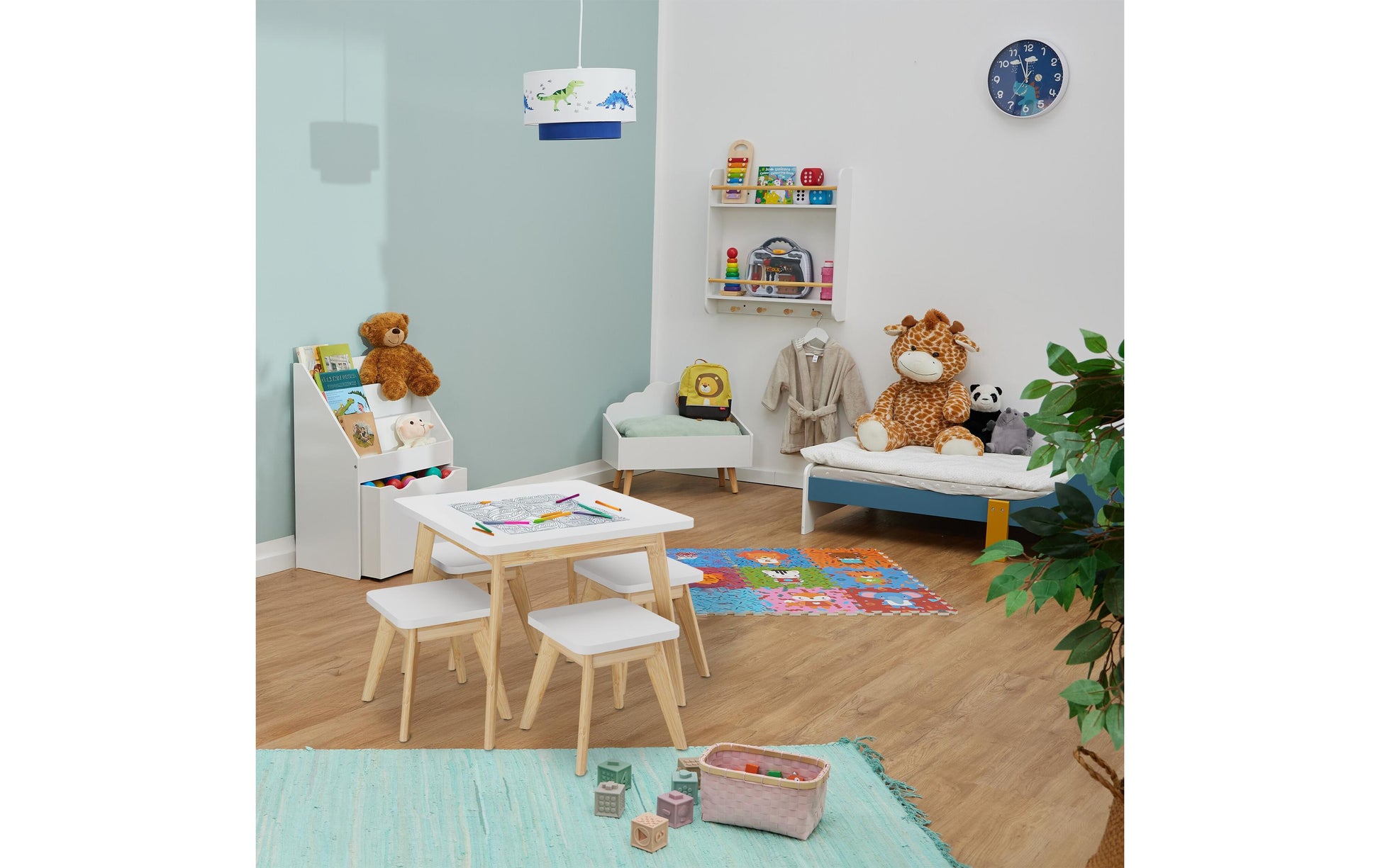Relaxdays Sitzgarnitur-Set – B 60 × T 60 × H 49 cm – MDF, Bambus, Weiss, Natur – für Kinder