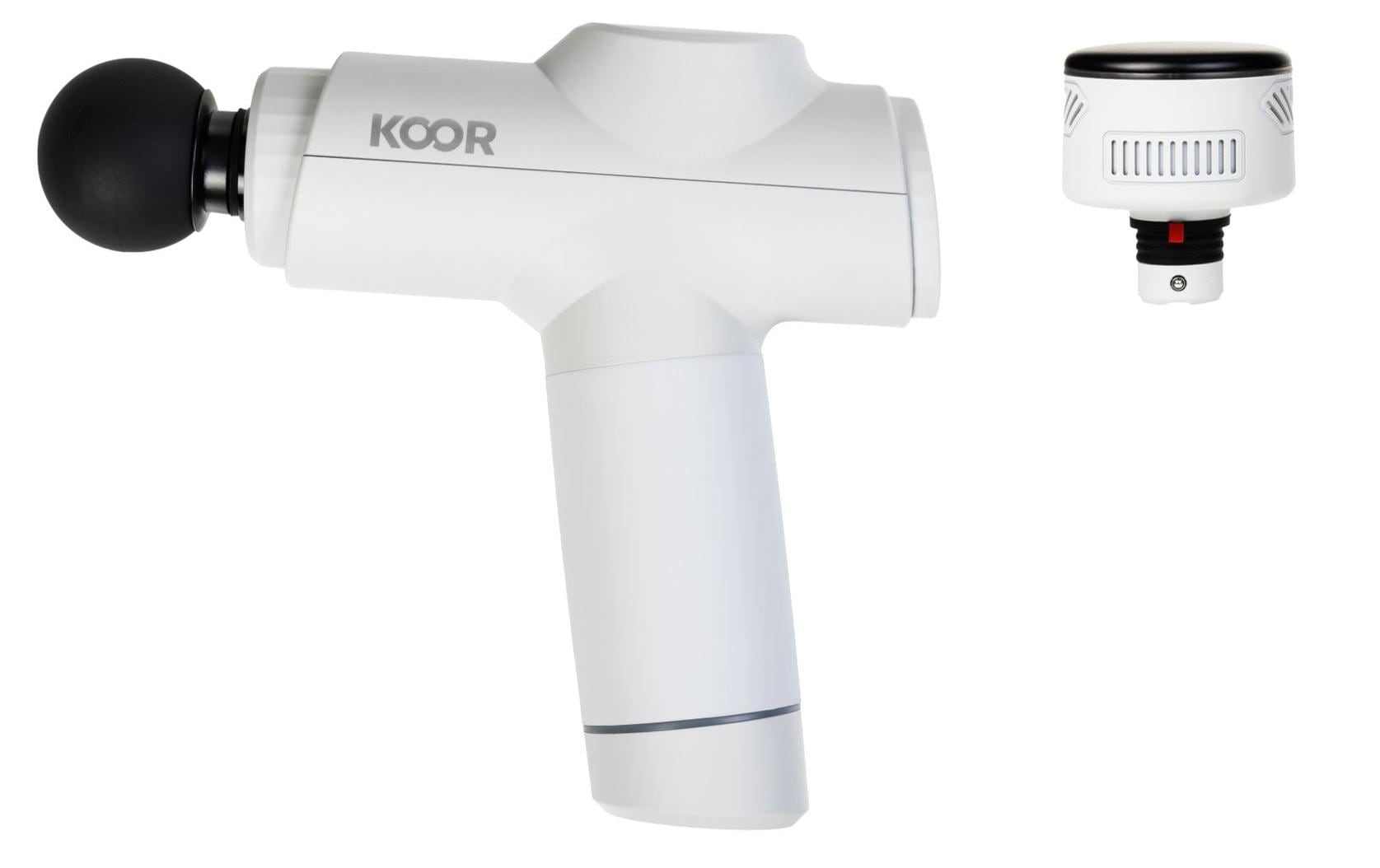 KOOR Massagepistole – Perkussionsmassage, 5 Stufen, mit Wärmefunktion – Weiss, 5 Köpfe – USB, 8 h Laufzeit