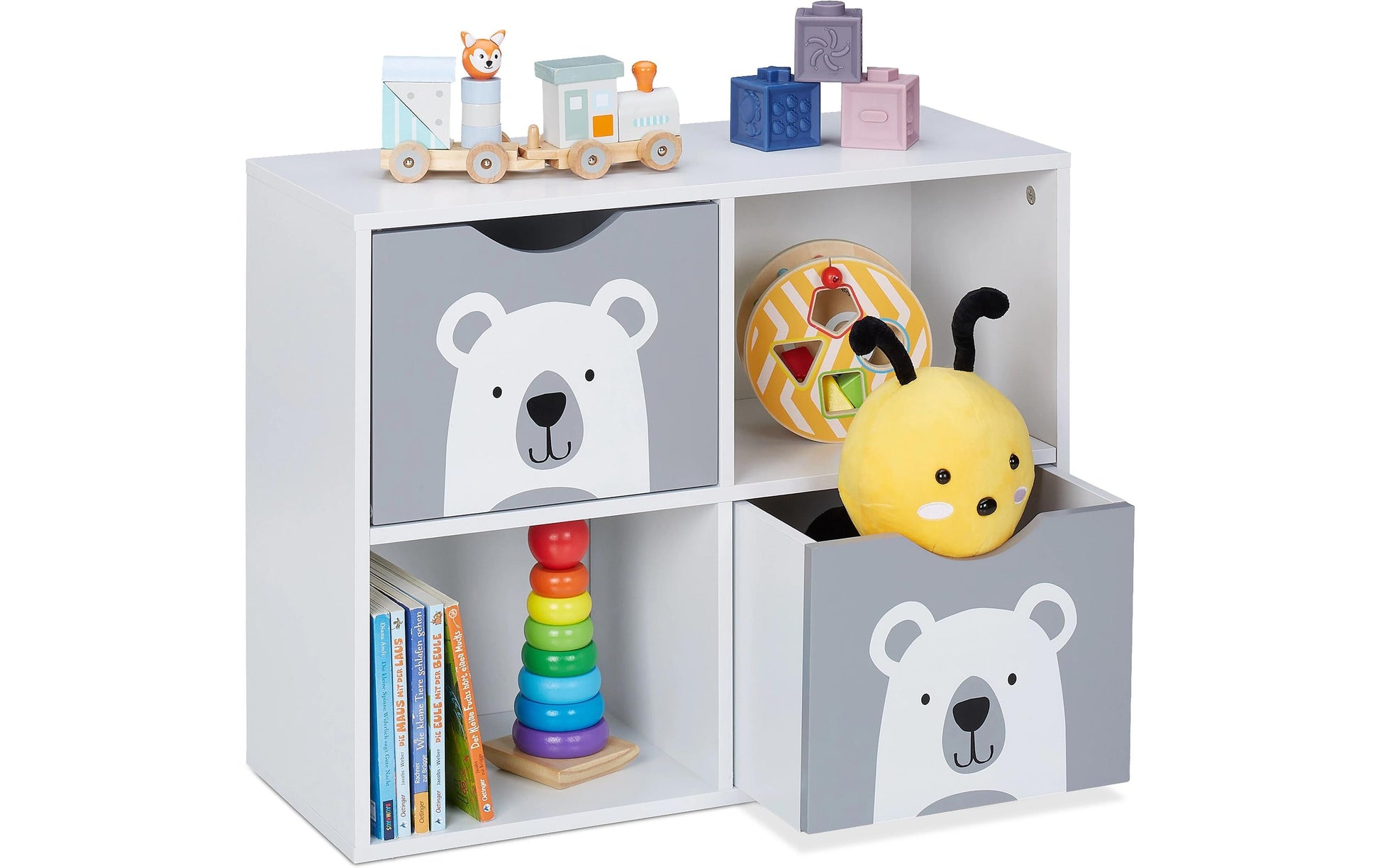Relaxdays Freistehendes Büro-/Lagerregal, Kinderregal Bär – 4 Böden – 60 × 24,5 × 48 cm – Grau/Weiss – MDF