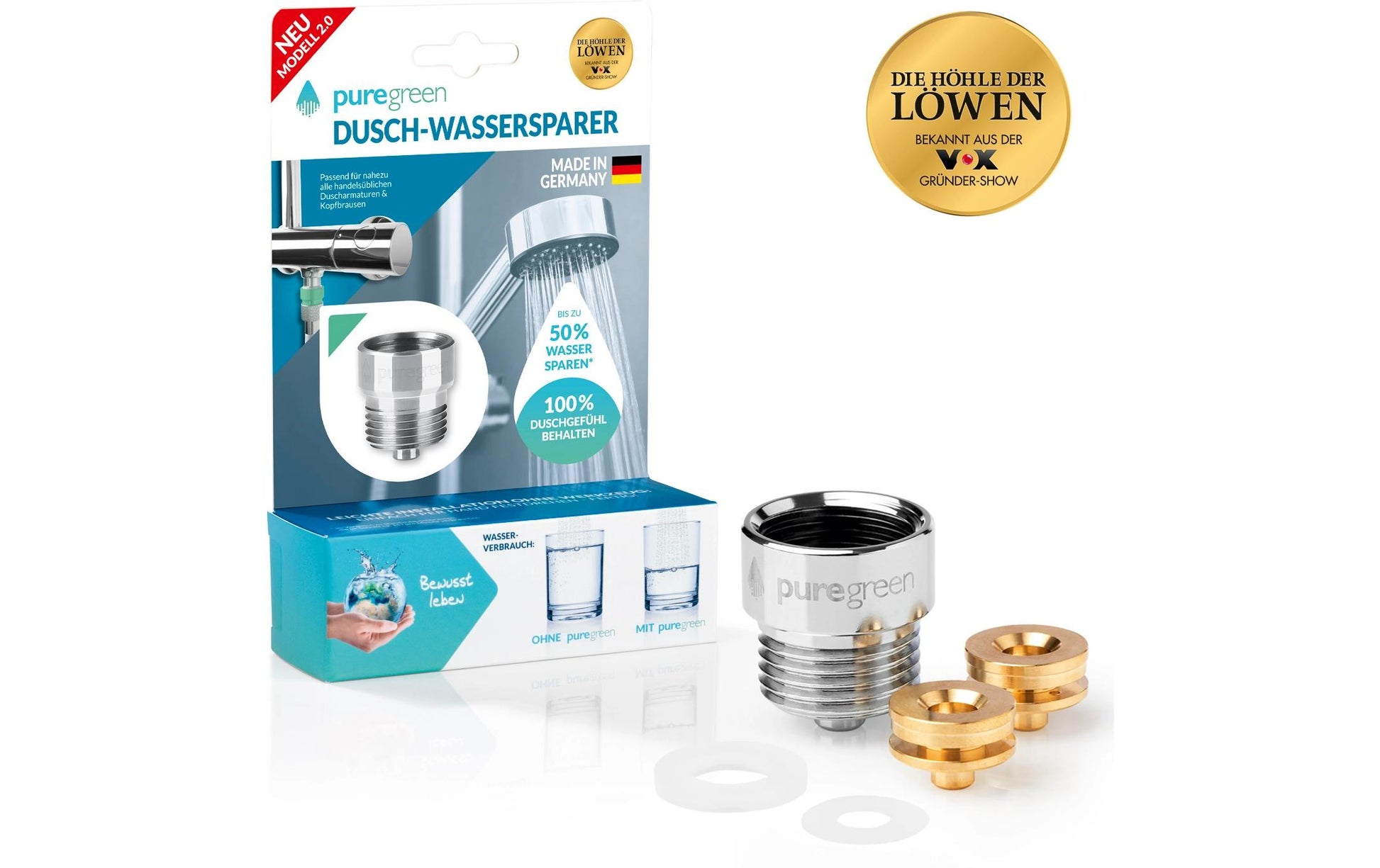 Puregreen Dusch-Wassersparer – 5 l/min, Edelstahl (Innenteil), für 1/2"-Anschlüsse