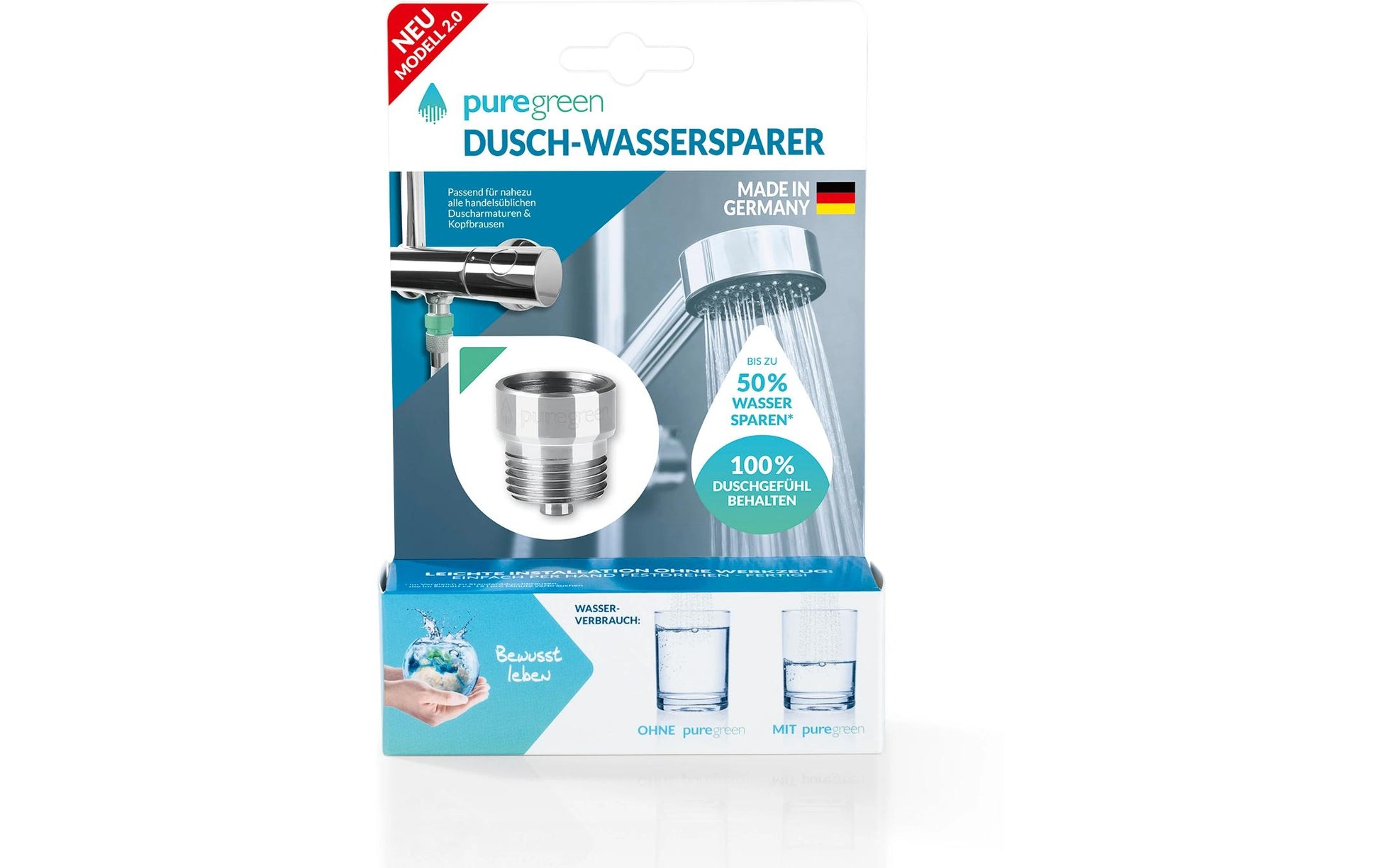 Puregreen Dusch-Wassersparer – 5 l/min, Edelstahl (Innenteil), für 1/2"-Anschlüsse