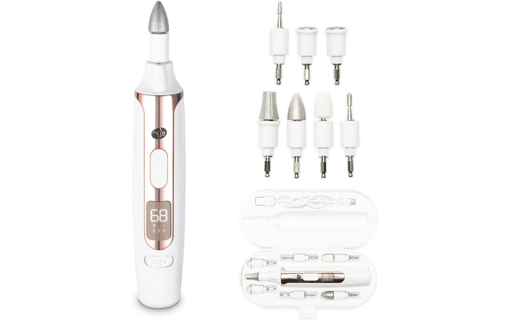 Rio Elektrische Nagelfeile – kabellos, LED-Licht – 7 Aufsätze, 16 × 3 cm – weiss