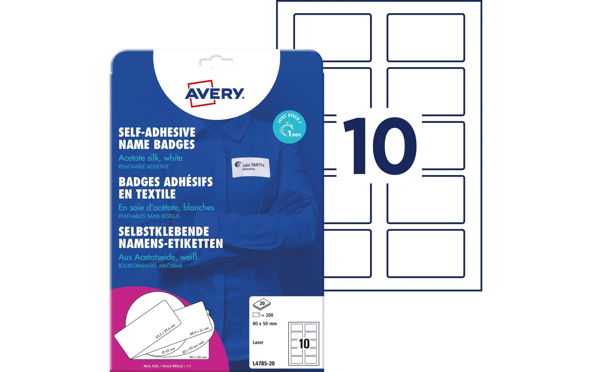 Avery Textiletiketten, 80 mm × 50 mm, weiss, Textil, selbstklebend, 20 Blatt (200 Etiketten)