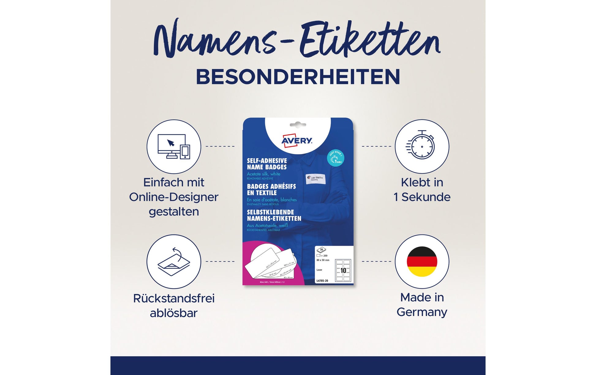 Avery Textiletiketten, 80 mm × 50 mm, weiss, Textil, selbstklebend, 20 Blatt (200 Etiketten)