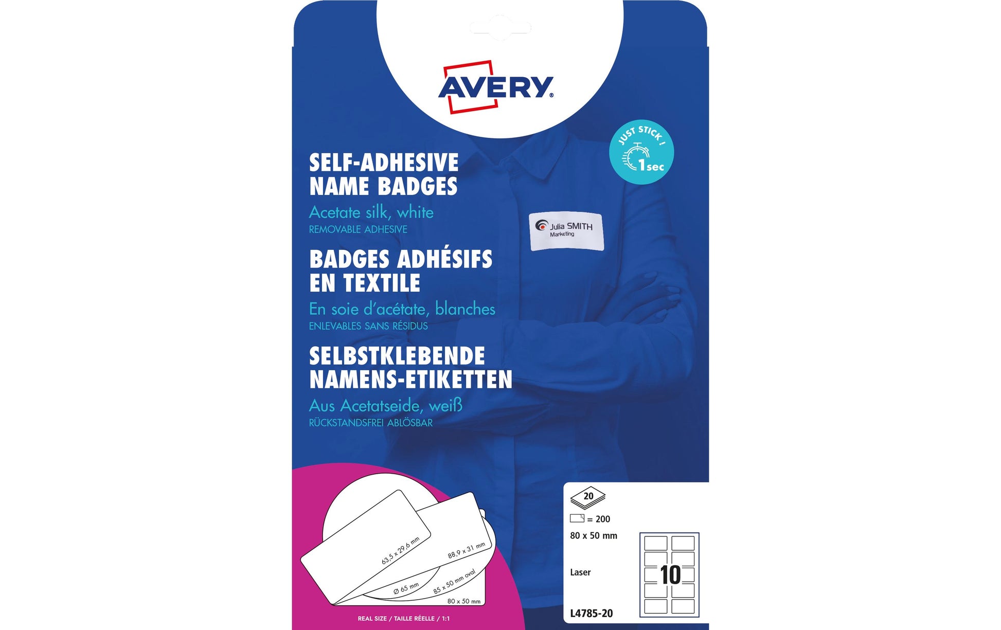 Avery Textiletiketten, 80 mm × 50 mm, weiss, Textil, selbstklebend, 20 Blatt (200 Etiketten)
