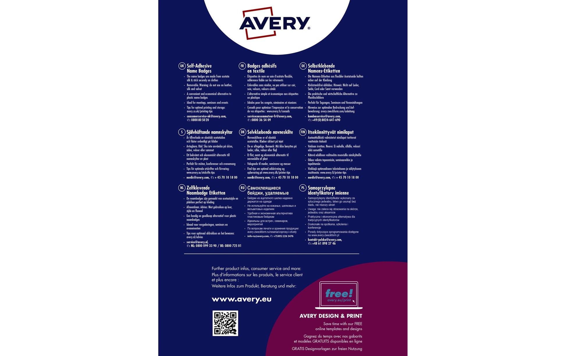 Avery Textiletiketten, 80 mm × 50 mm, weiss, Textil, selbstklebend, 20 Blatt (200 Etiketten)