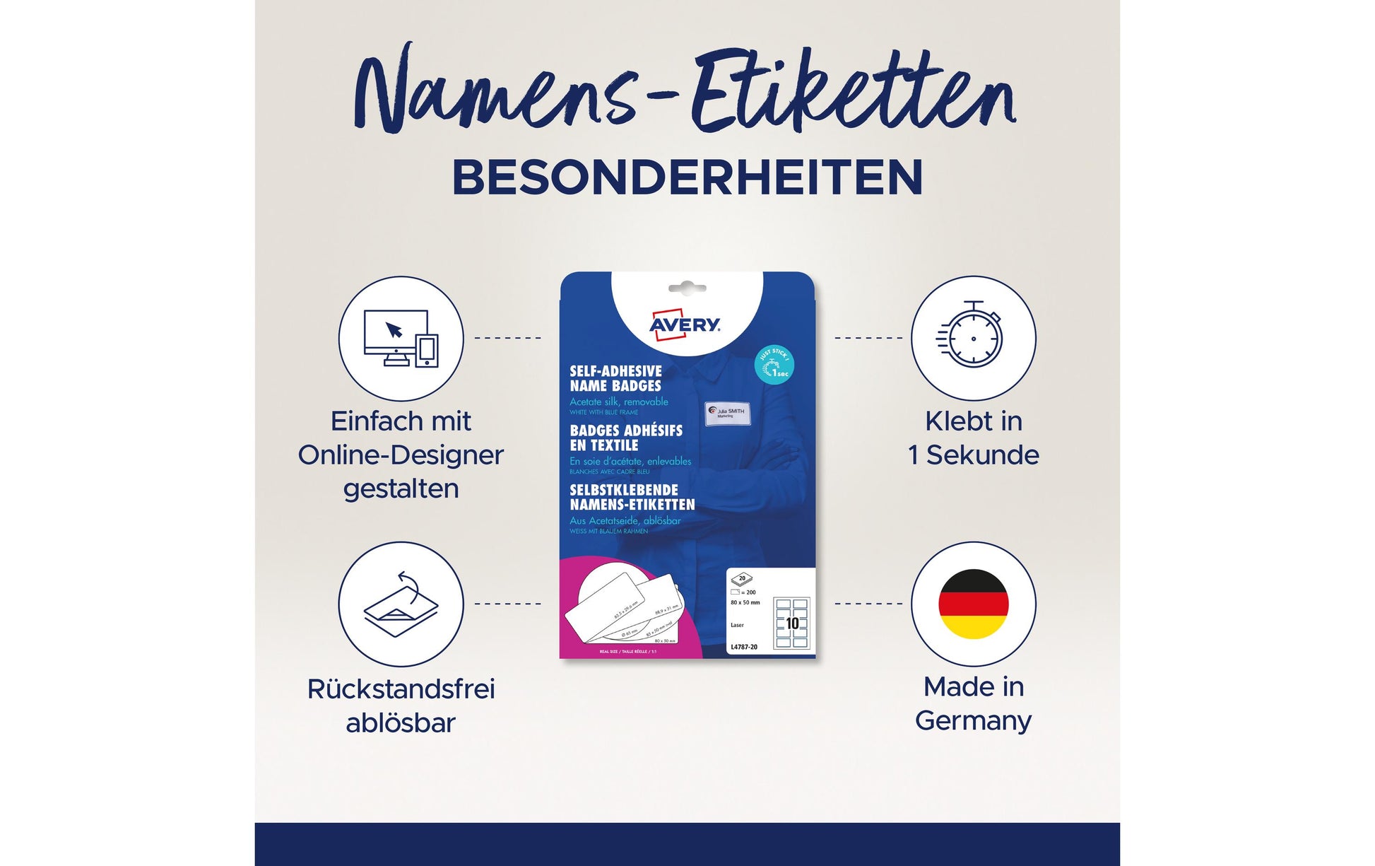 Avery Zweckform – Namens-Etiketten, 80 mm × 50 mm, weiss, Acetat, selbstklebend, für Laser