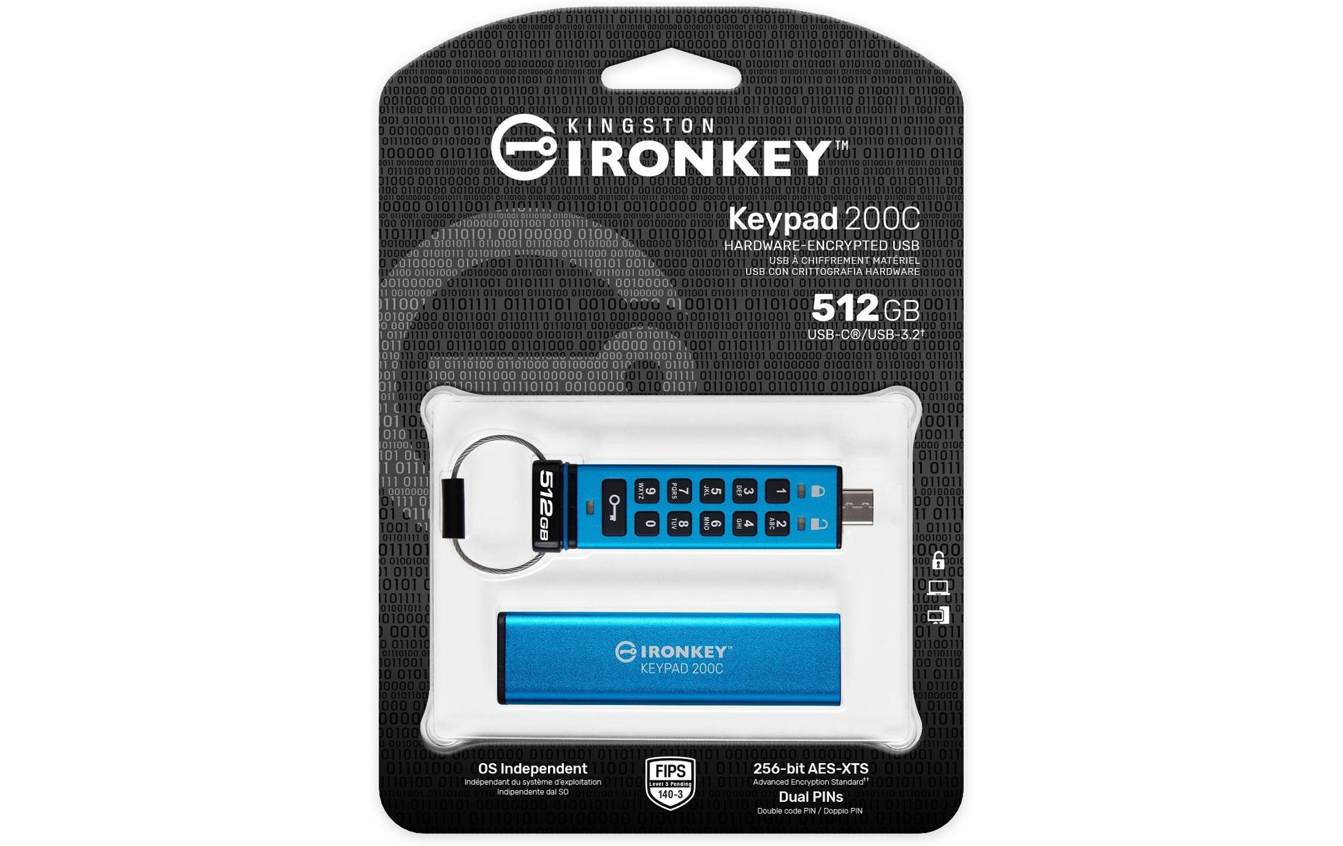 Kingston Technology Kingston IronKey Keypad 200C USB-Stick – 512 GB, USB-C, FIPS 140-3 Level 3 (ausstehend); AES-256
