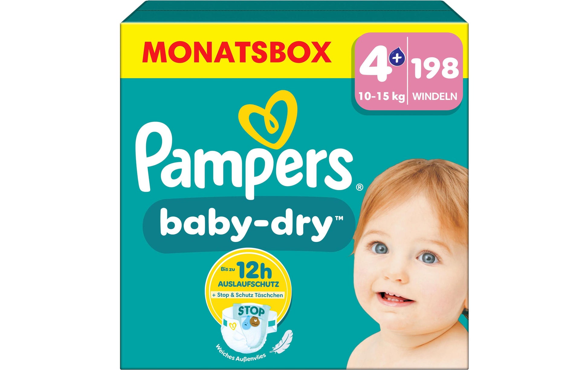 Pampers Windeln Baby Dry – Grösse 4+ (10–15 kg) – 198 Stk – weiss