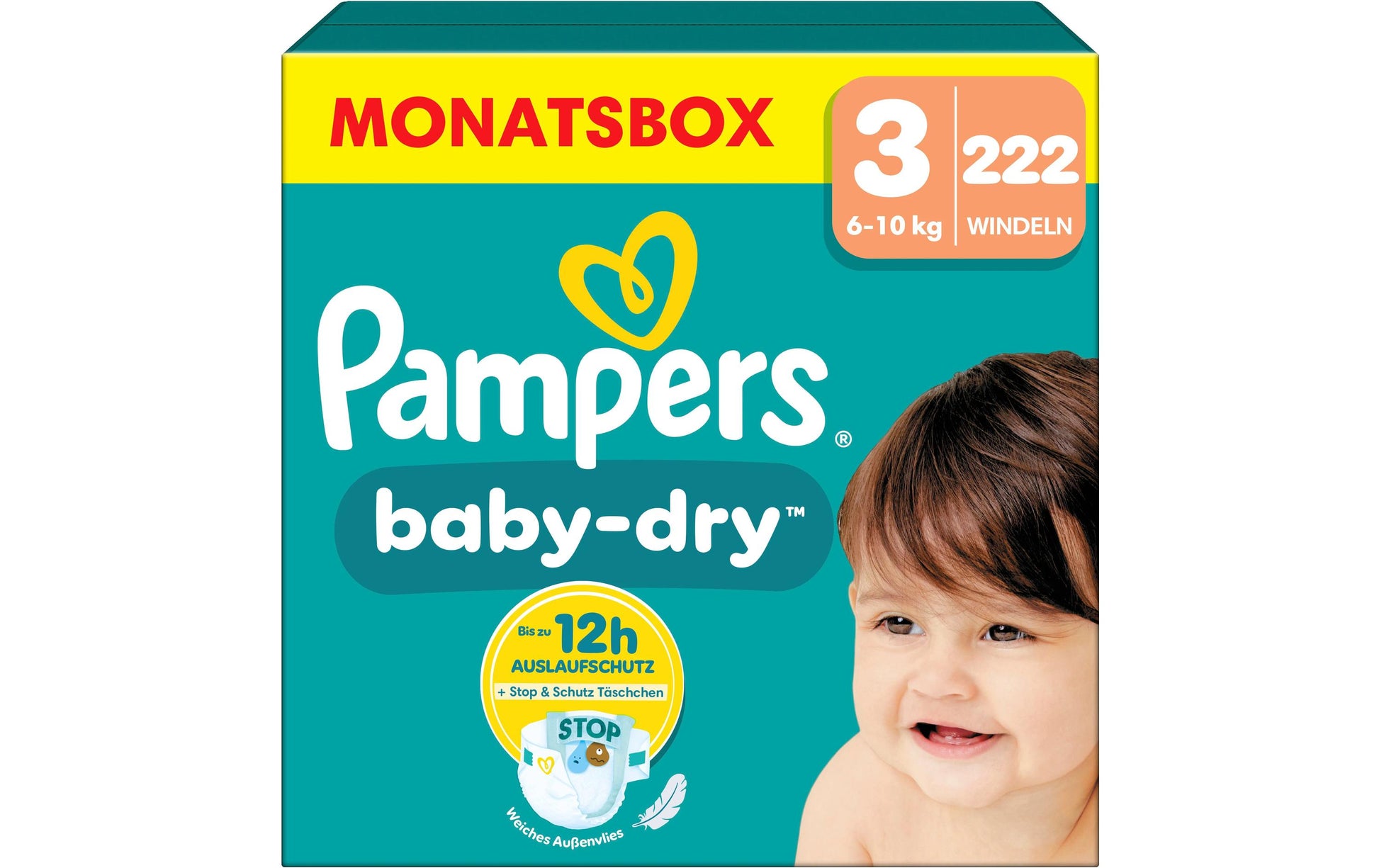 Pampers Windeln Baby Dry Gr. 3 – 222 Stk, 6–10 kg – weiss