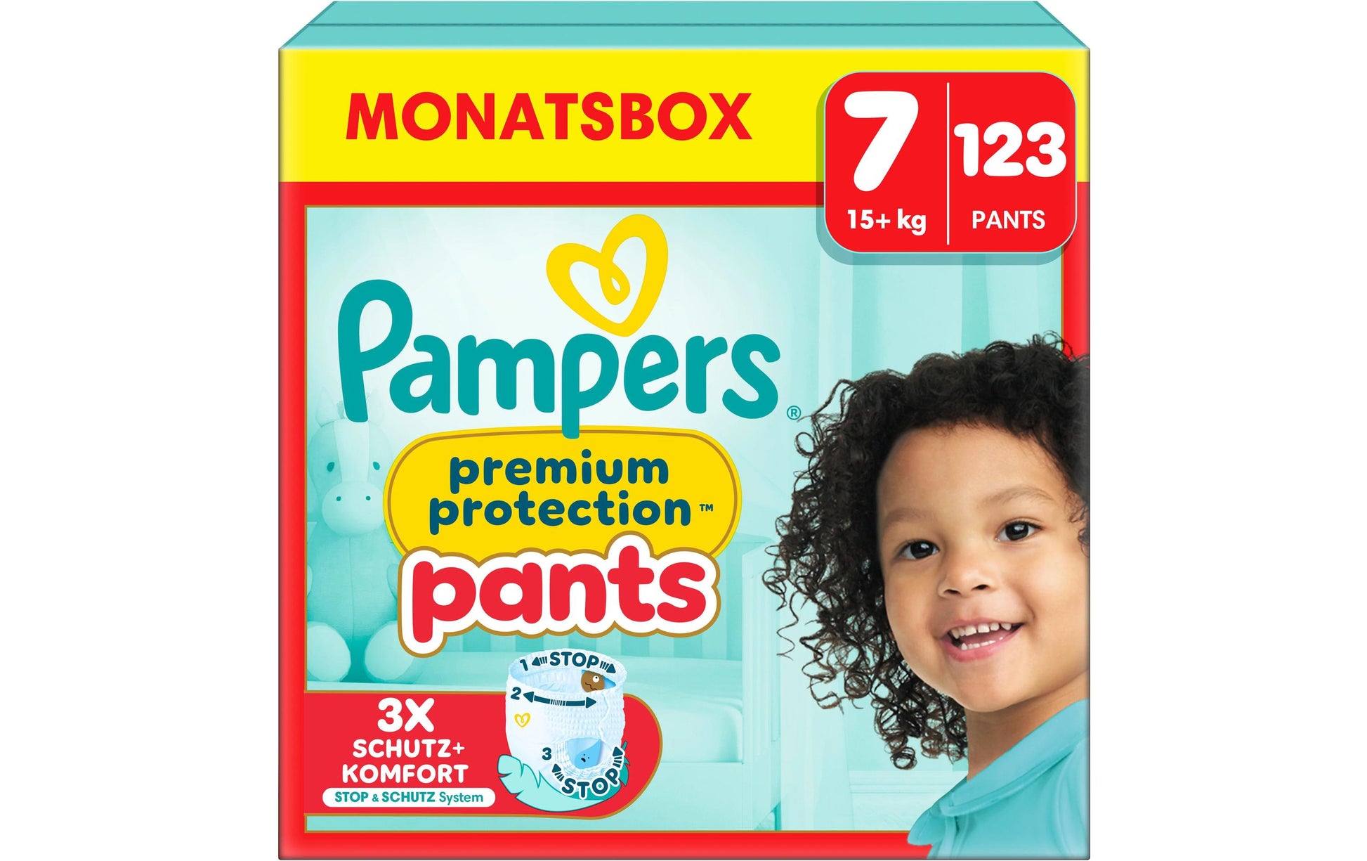 Pampers Windeln Premium Protection Pants – Grösse 7, für 17+ kg, 123 Stk