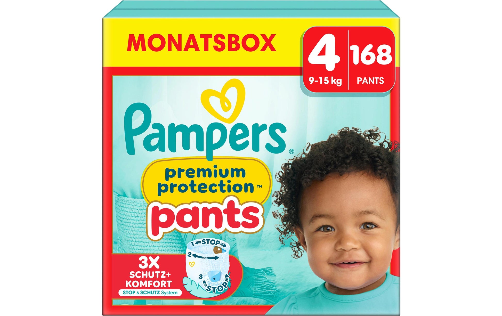 Pampers Hosen Premium Protection – Grösse 4 (9–15 kg) – 168 Stk – weiss