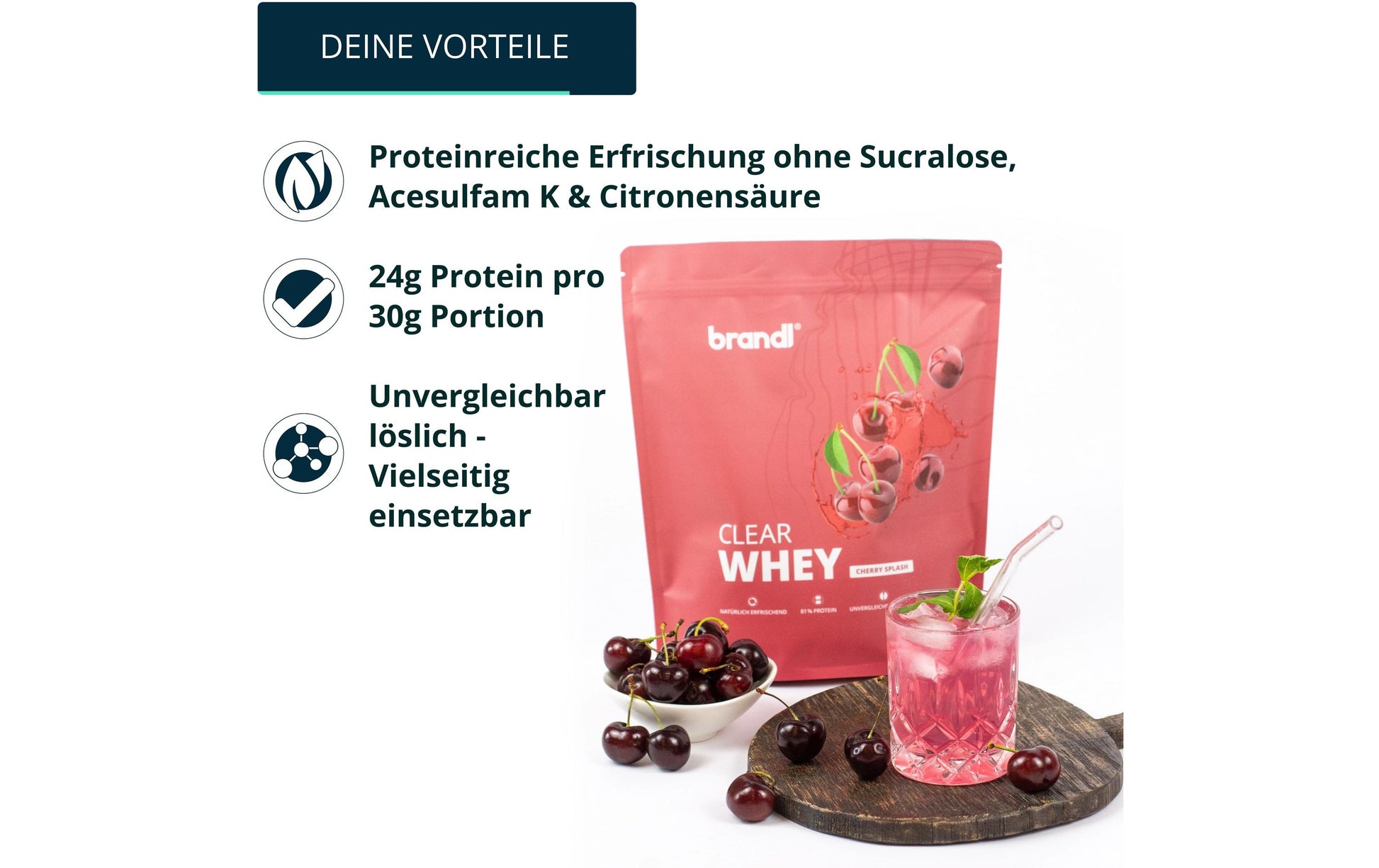 Brandl Nutrition Clear Whey Protein Pulver – Kirsche, zuckerfrei – 800 g