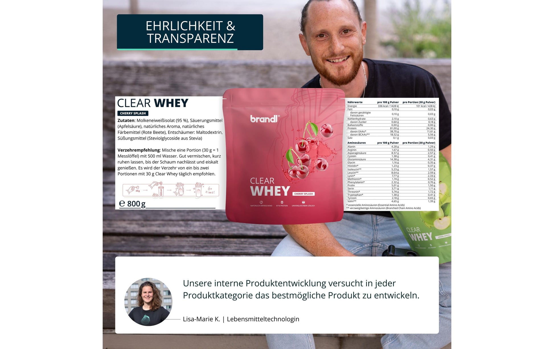Brandl Nutrition Clear Whey Protein Pulver – Kirsche, zuckerfrei – 800 g