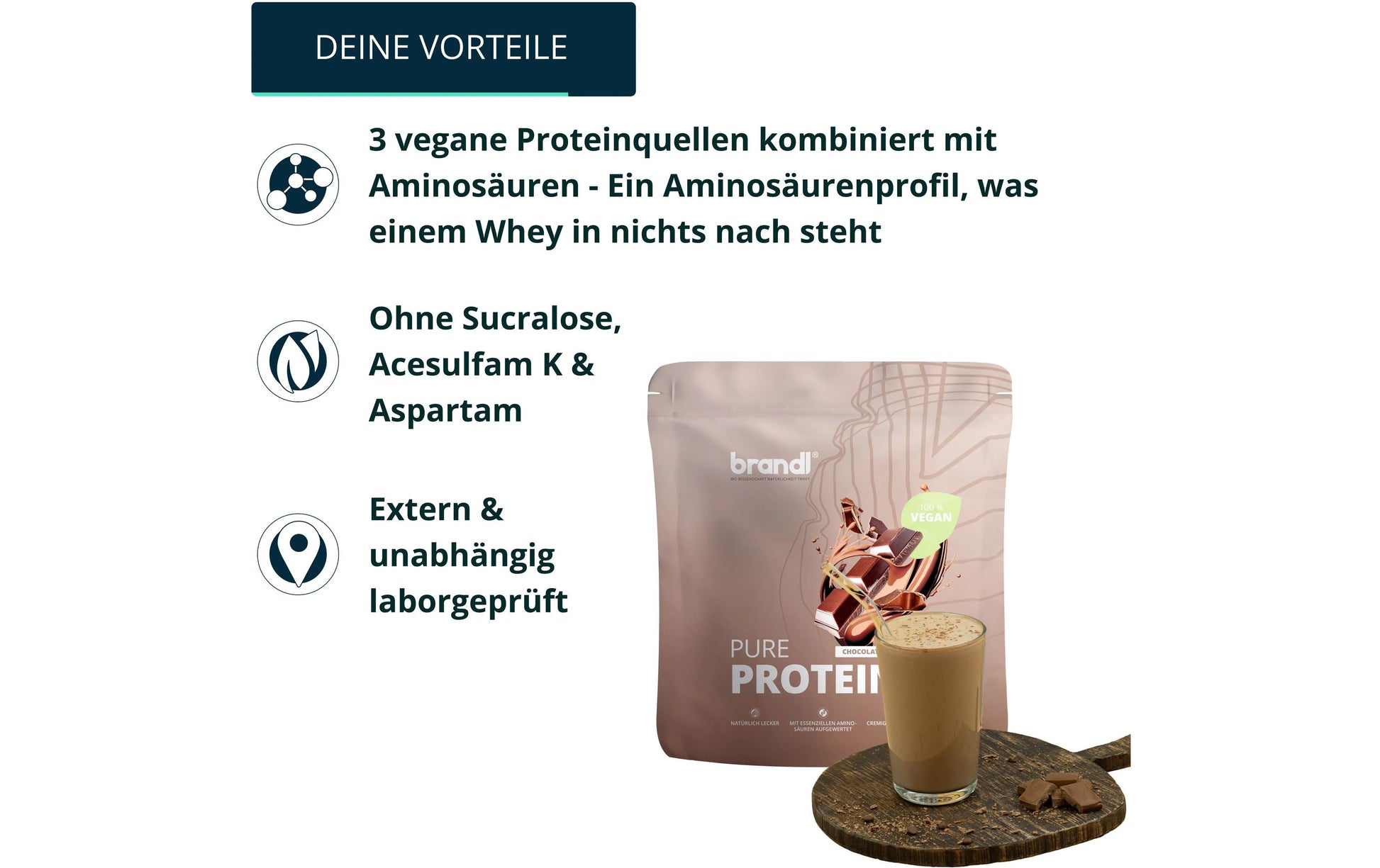 Brandl Nutrition Proteinpulver Pure Protein 2.0 Schokolade – glutenfrei, vegan – 1 kg