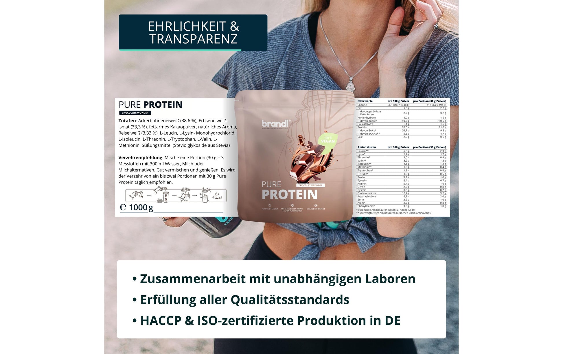 Brandl Nutrition Proteinpulver Pure Protein 2.0 Schokolade – glutenfrei, vegan – 1 kg