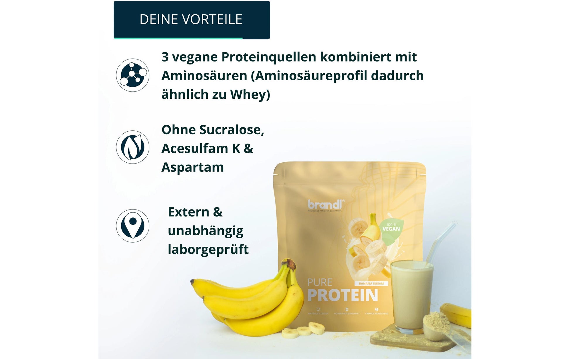 Brandl Nutrition Proteinpulver Pure Protein 2.0 Banane – glutenfrei, vegan – 1 kg