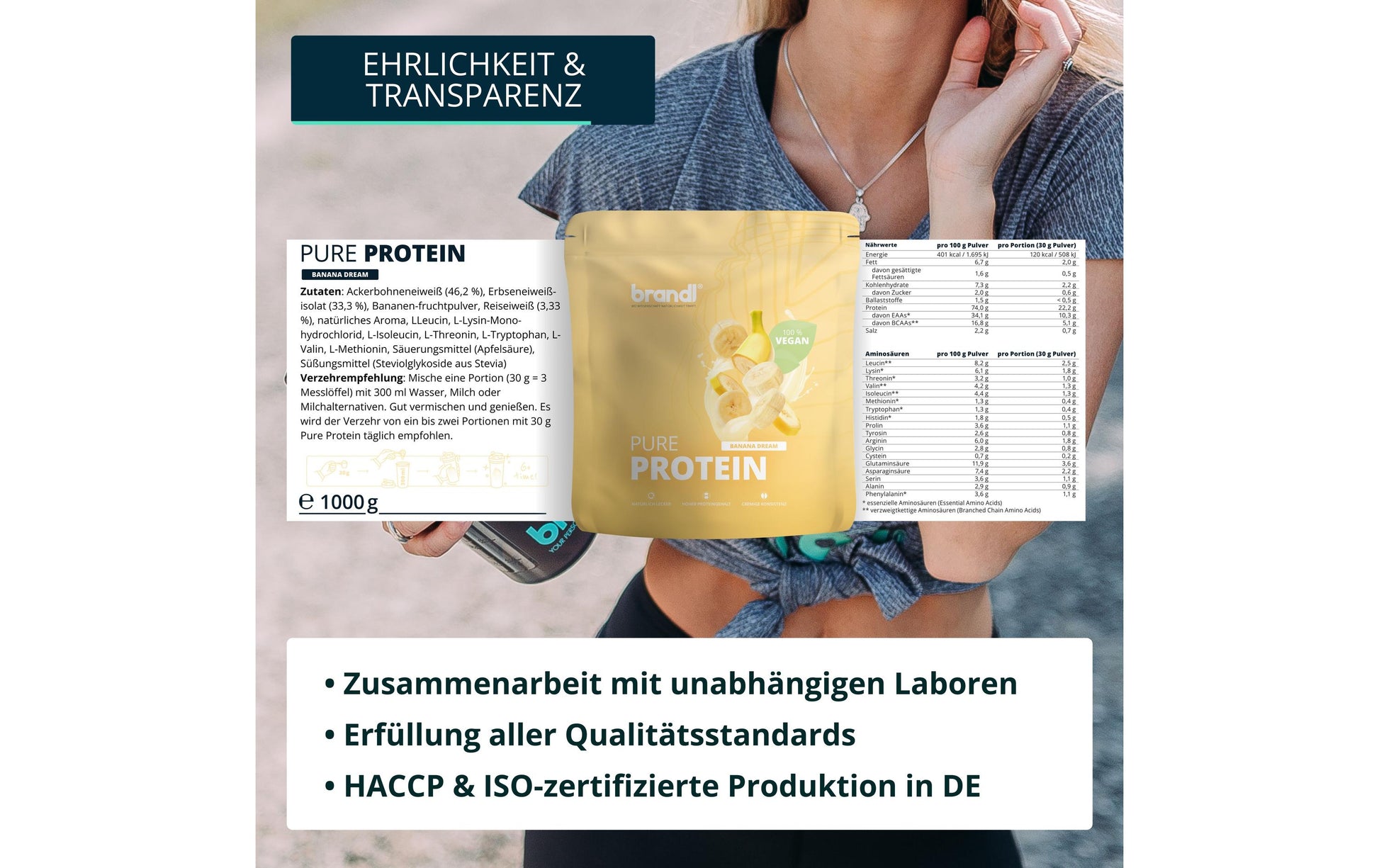 Brandl Nutrition Proteinpulver Pure Protein 2.0 Banane – glutenfrei, vegan – 1 kg