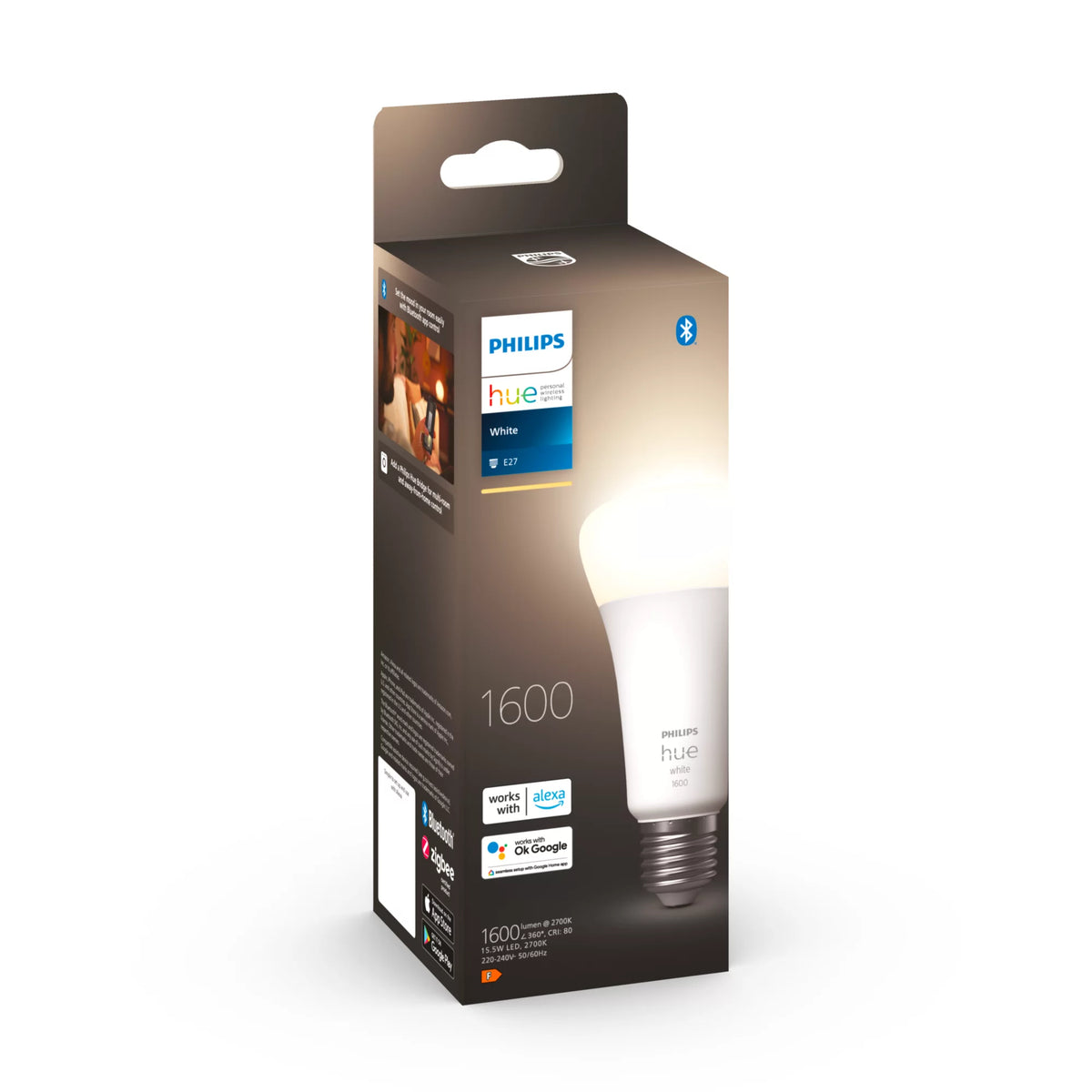 Philips Hue Smart-Leuchtmittel E27 – Warmweiss 2700 K, 1600 lm, 15,5 W, Bluetooth