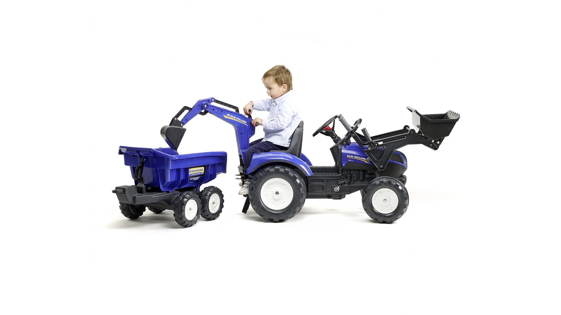 Falk New Holland 3090W Aufsitztraktor – mit Anhänger – 53 × 70 × 58 cm – ab 3 J. – schwarz/blau