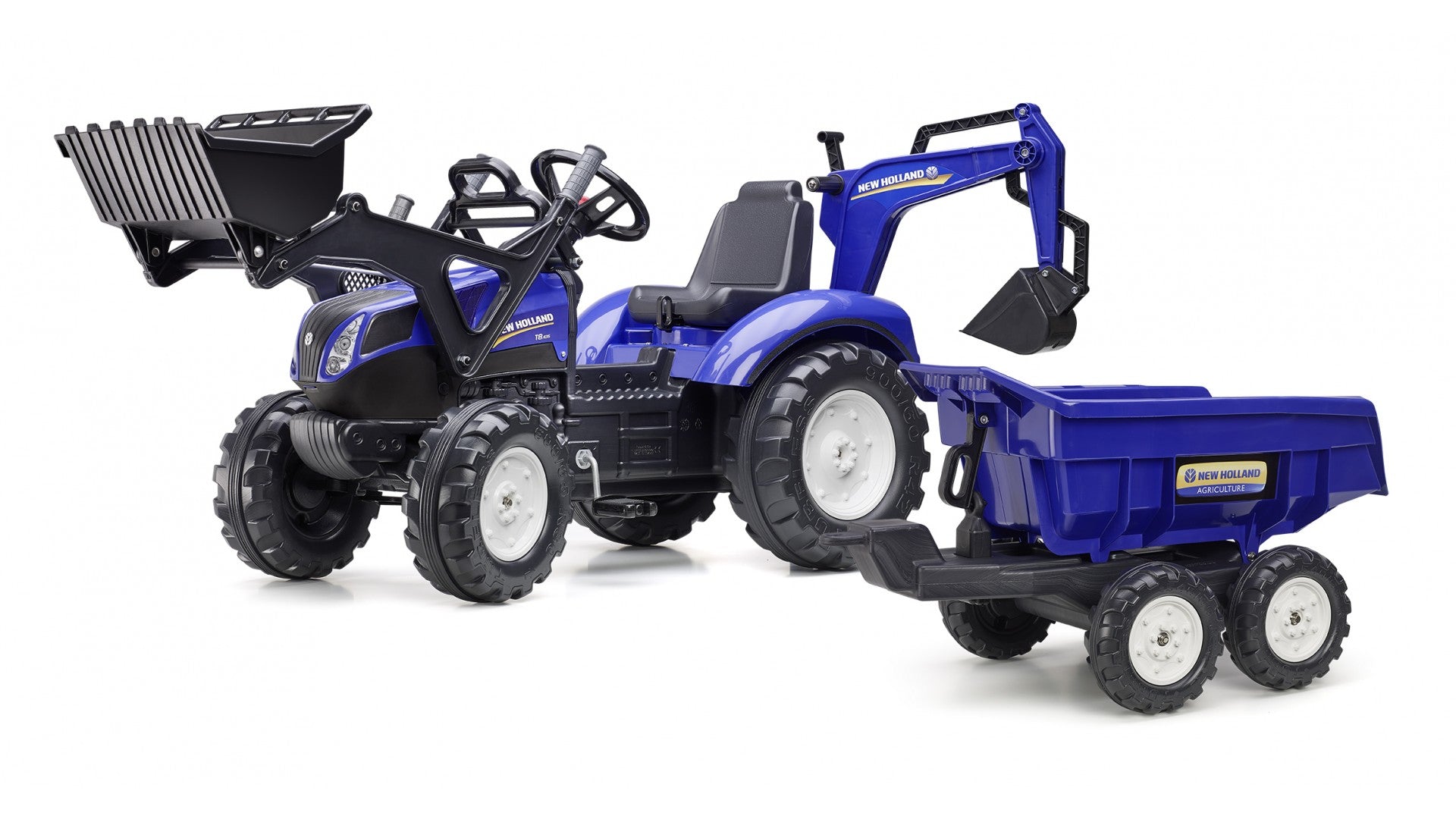 Falk New Holland 3090W Aufsitztraktor – mit Anhänger – 53 × 70 × 58 cm – ab 3 J. – schwarz/blau