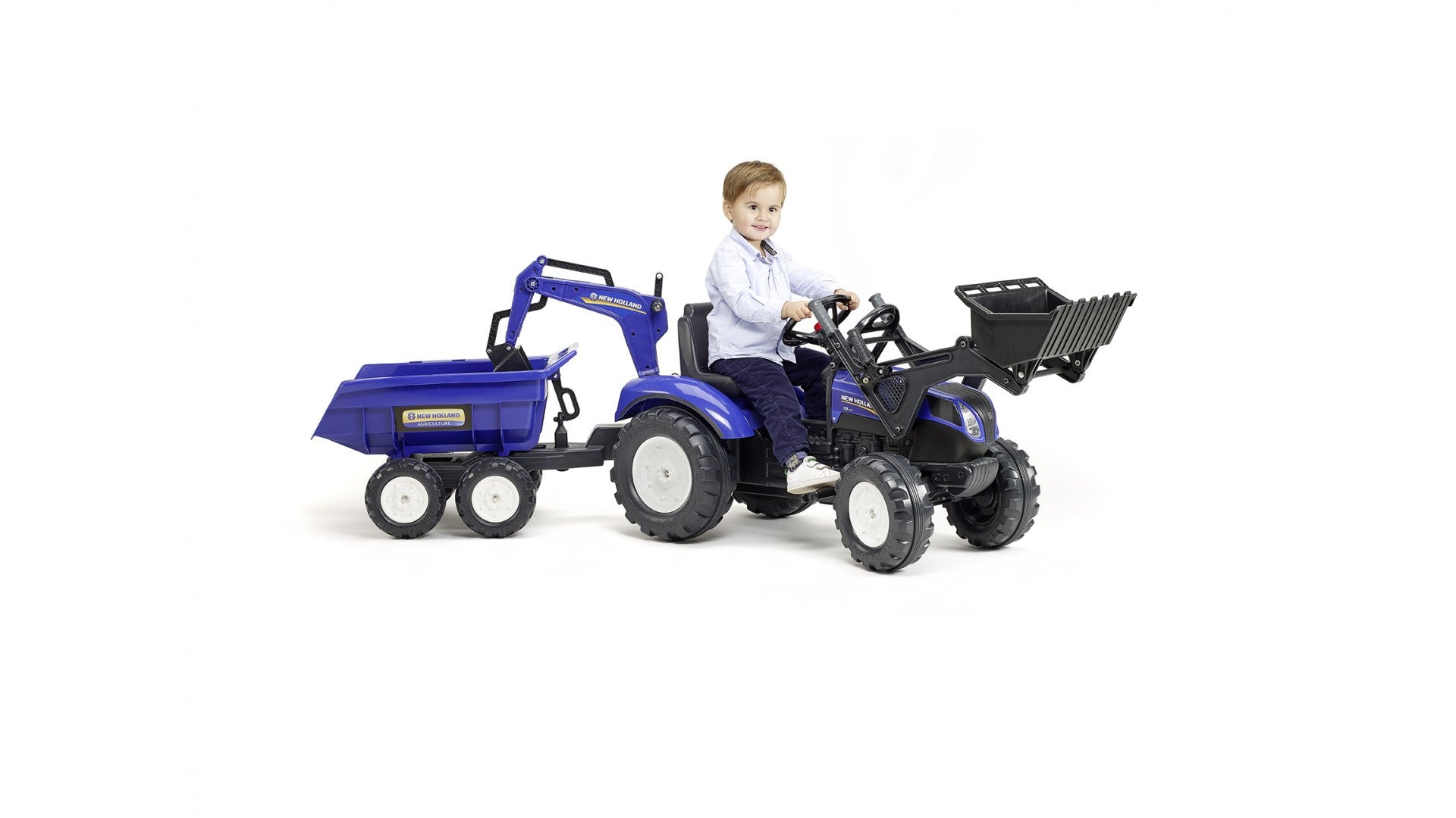 Falk New Holland 3090W Aufsitztraktor – mit Anhänger – 53 × 70 × 58 cm – ab 3 J. – schwarz/blau