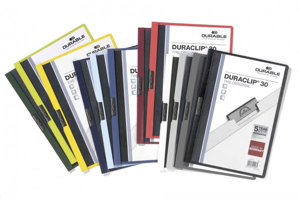 Durable Duraclip 30 Klemmhefter, für A4, 30 Blatt – PVC/Stahl – mehrfarbig, 25er-Pack